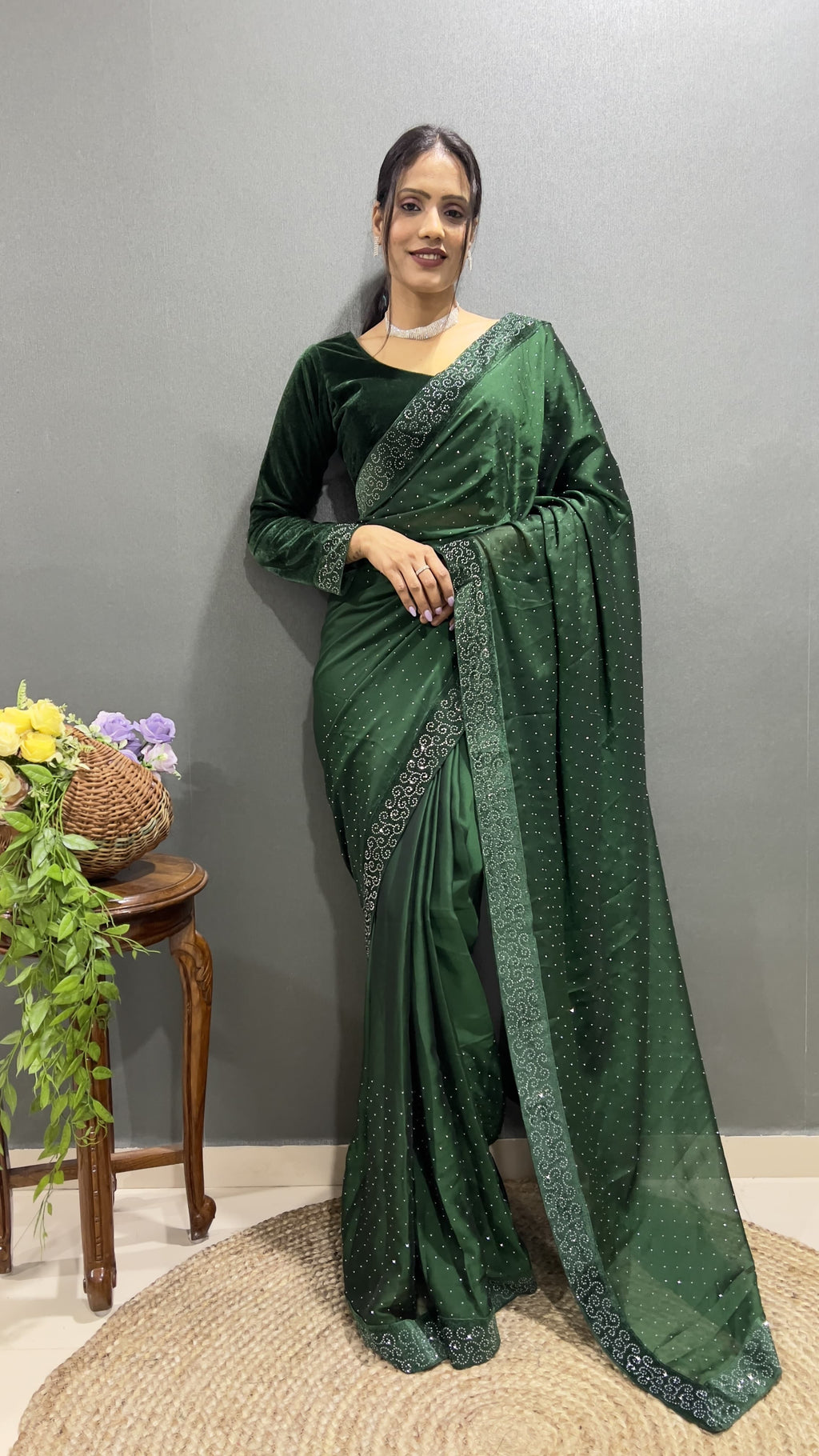 Blue velvet rhinestone saree with blouse