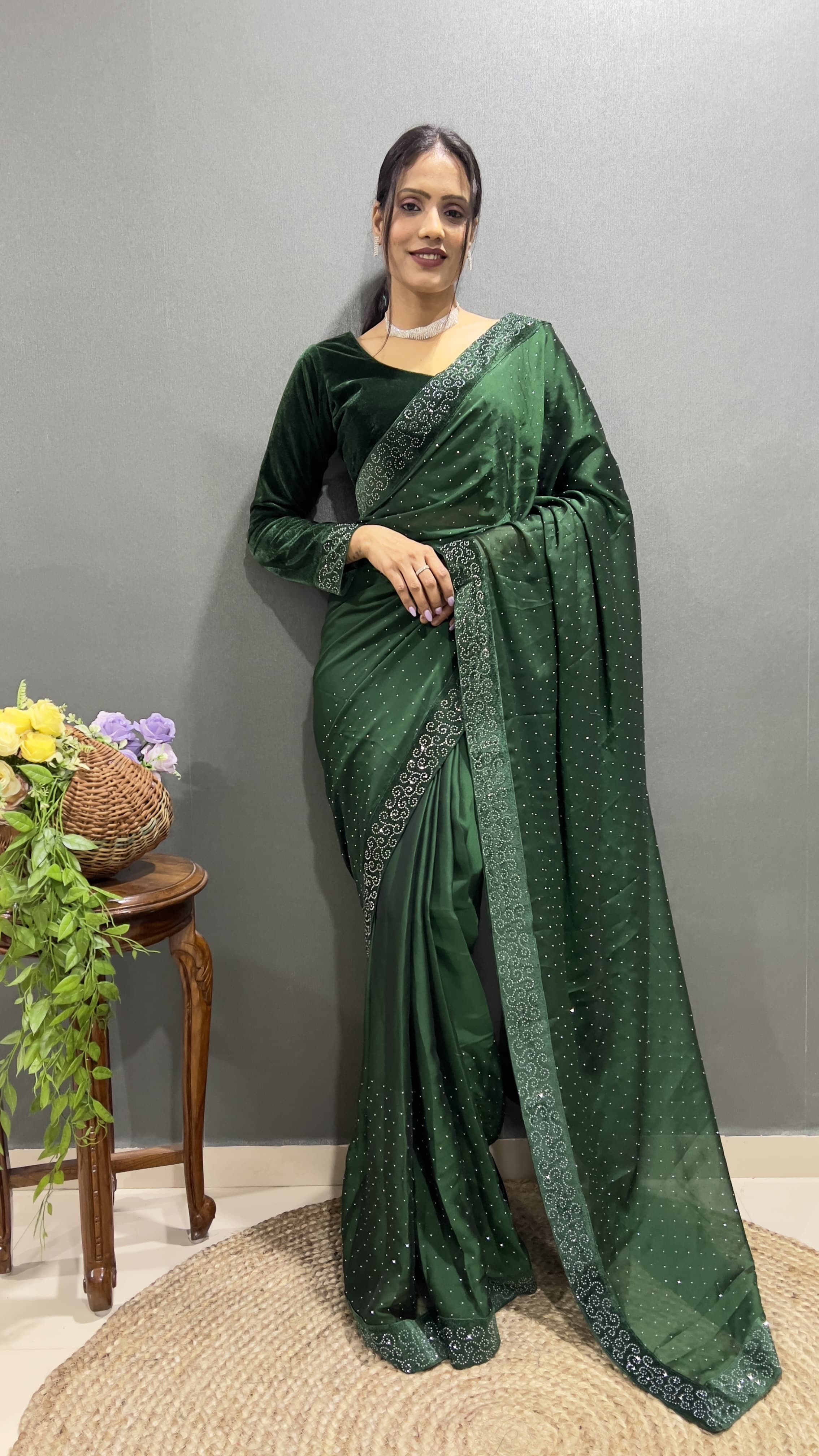 Blue velvet rhinestone saree with blouse