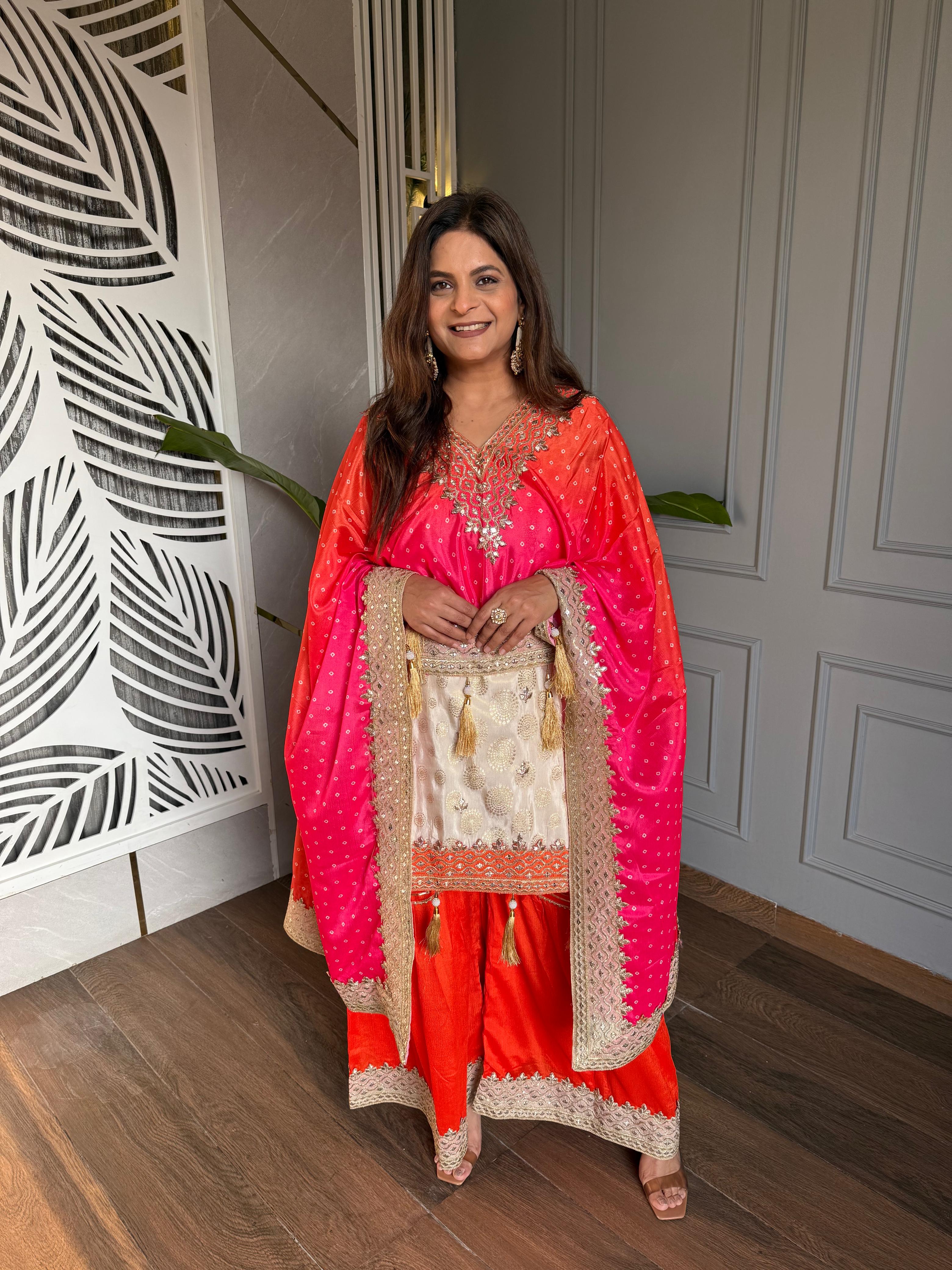 Orange kaftan with kurti and sharara set