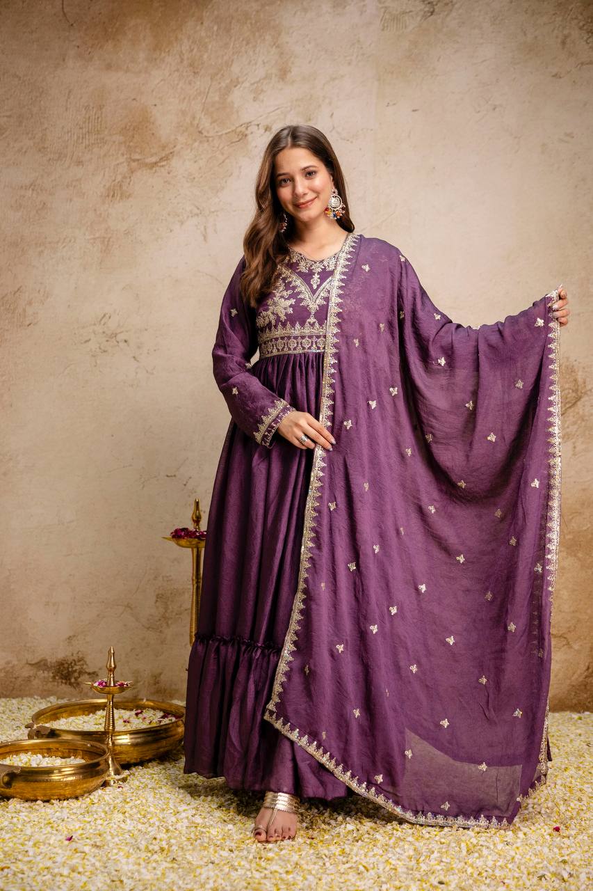 Purple silk anarkali suit with dupatta