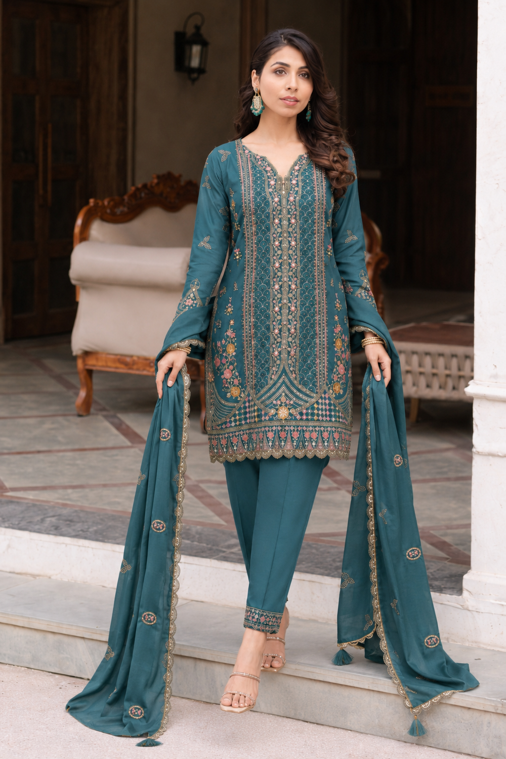 Blue pakistani salwar kameez with pent and dupatta set