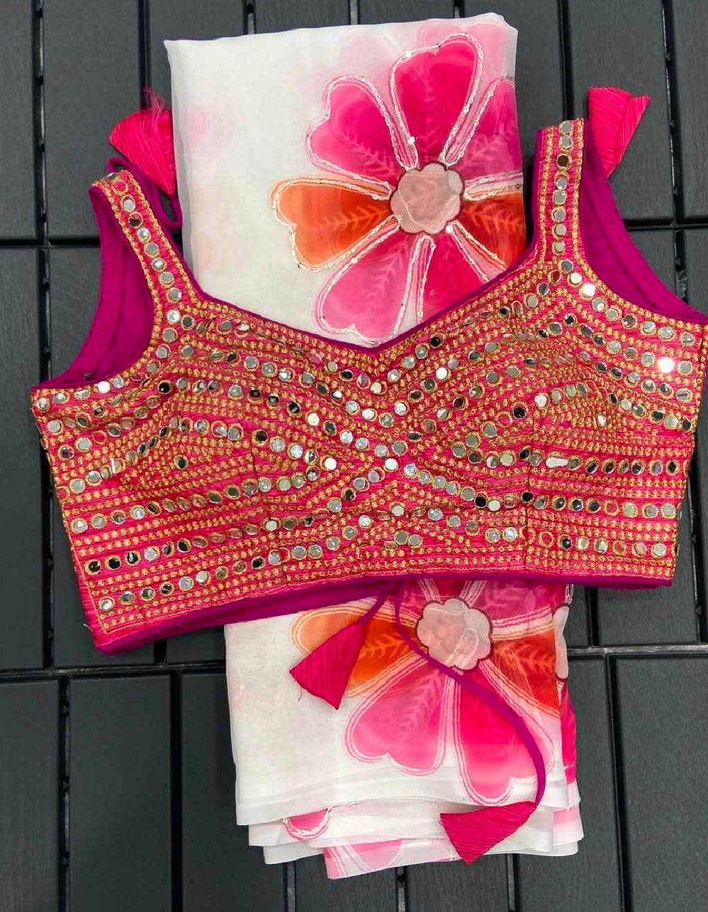 White floral printed saree with blouse