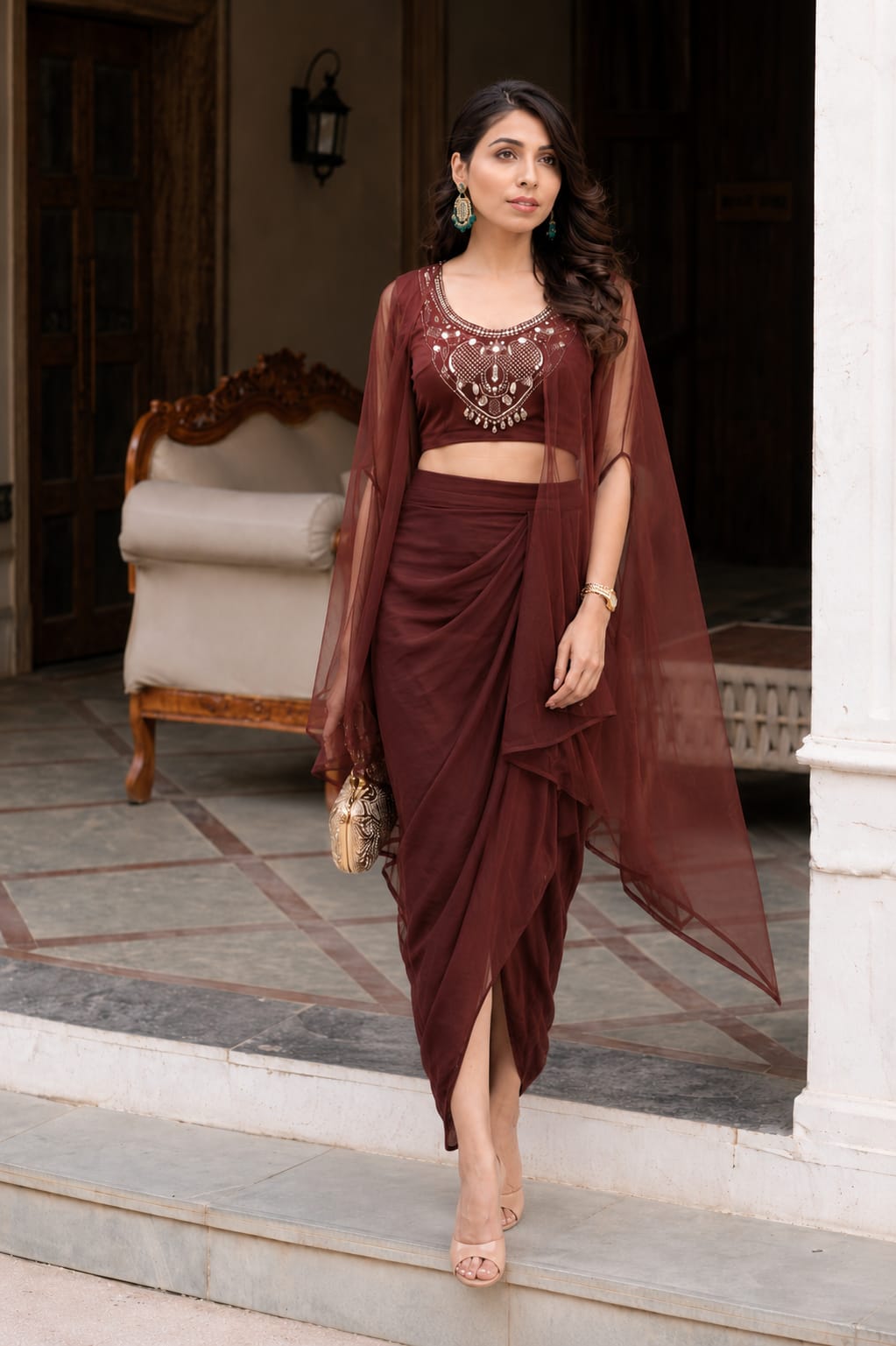 Brown indo western dhoti with top and cape