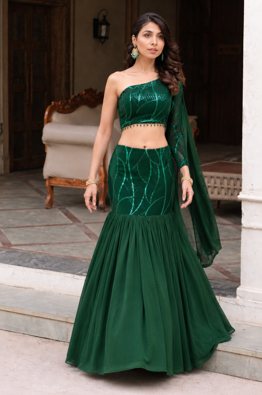 Green indo western fish cut lehenga with top