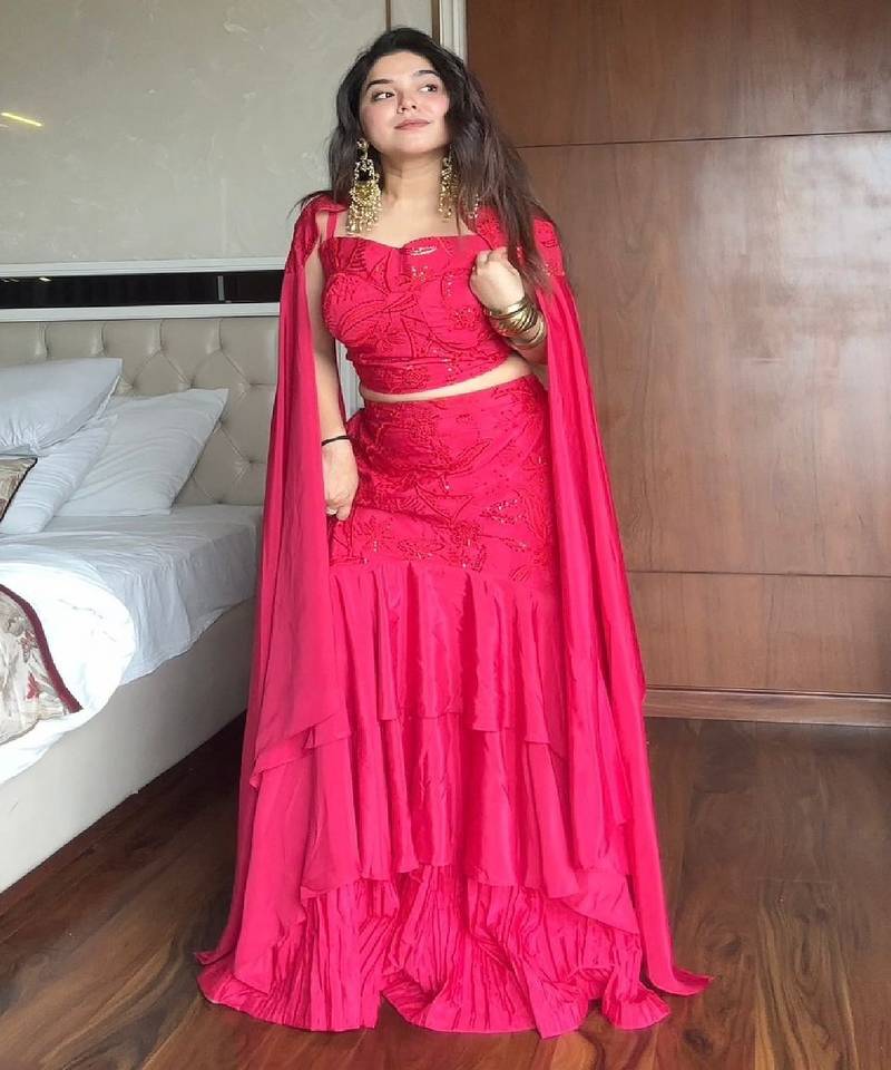 Pink fish cut lehenga with top and shoulder cape set