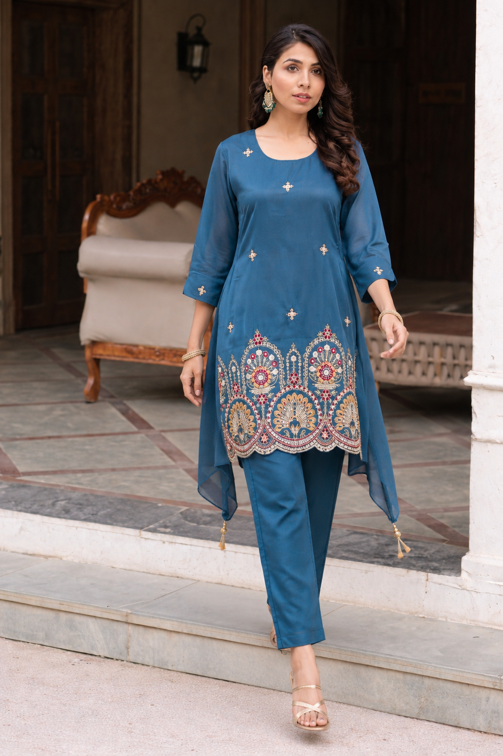 Blue a line kurti with pent set