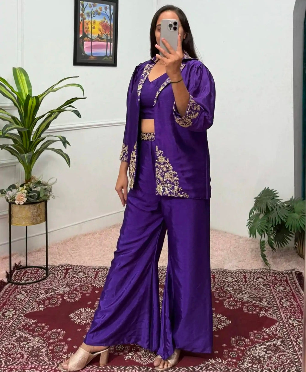 Purple indo western crop top with sharara and jacket set