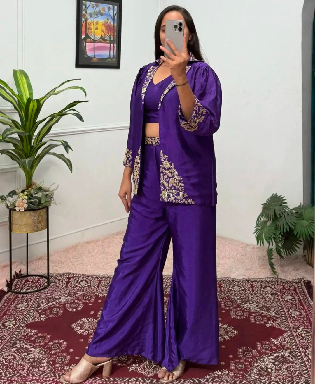 Purple indo western crop top with sharara and jacket set