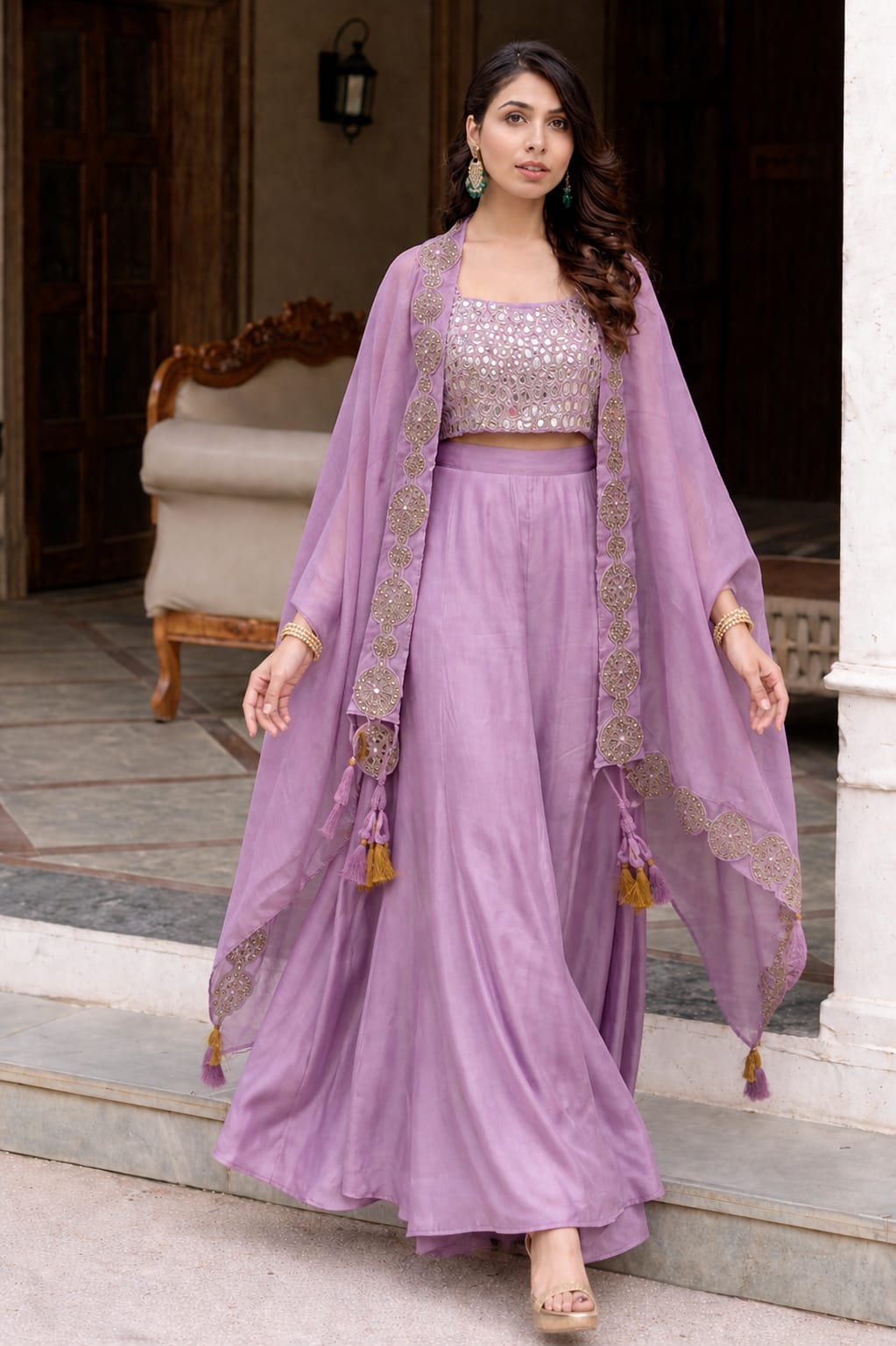 Lavender indo western top with shrug and palazzo