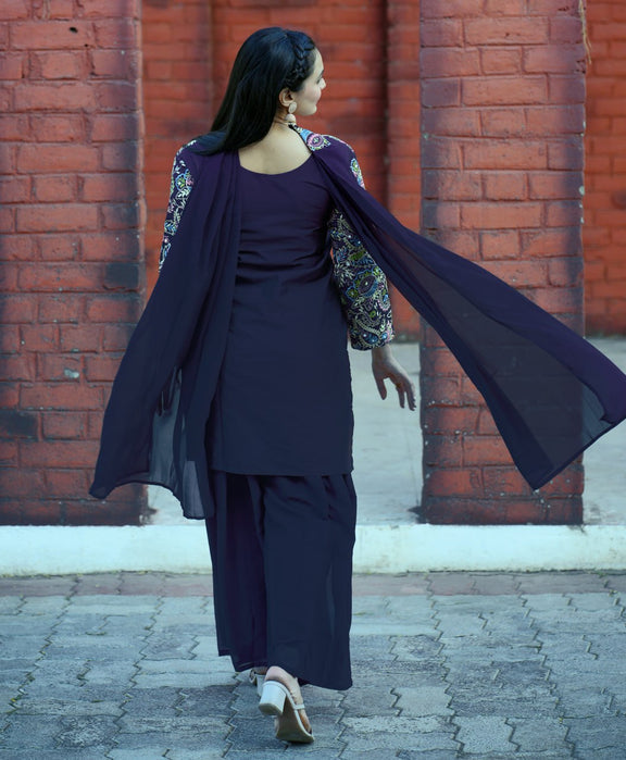 Blue front slit kurti with bottom and dupatta set