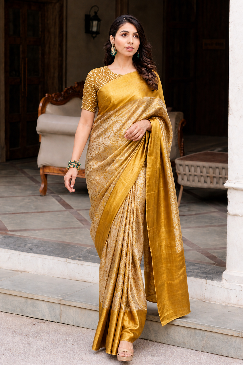 Golden silk floral saree with blouse