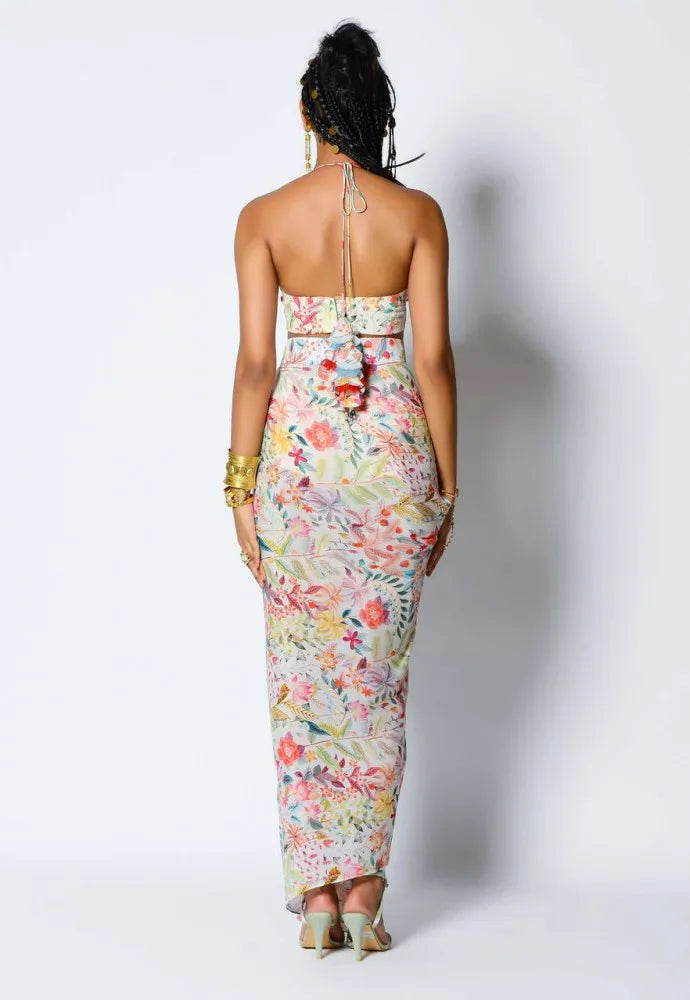 White floral printed dhoti skirt with top and shrug
