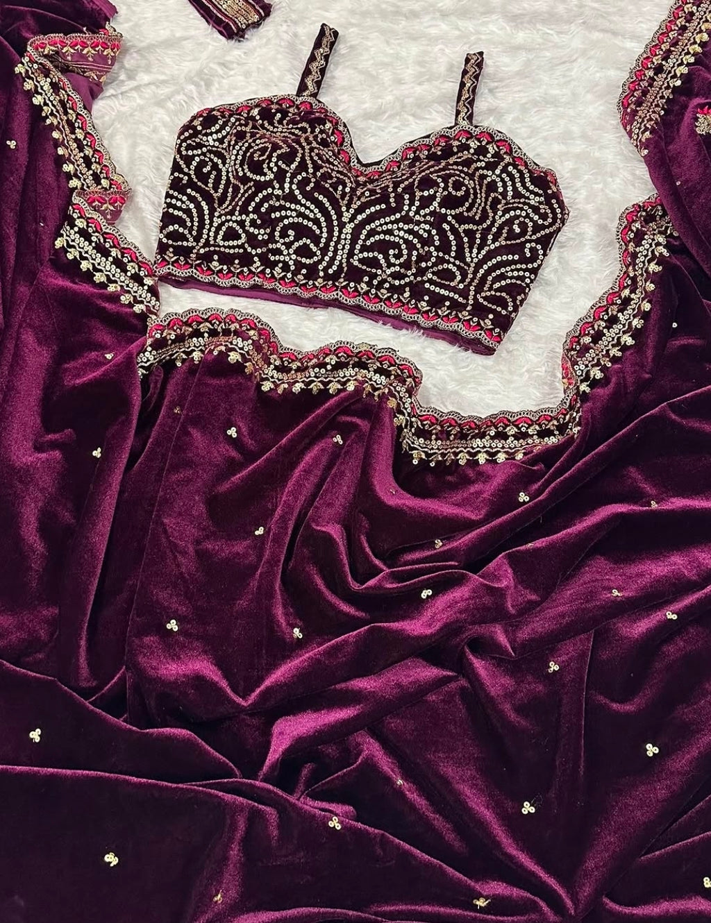 Wine purple velvet saree with blouse
