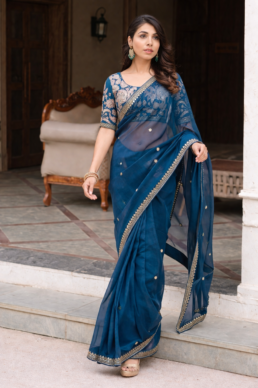 Blue silk saree with blouse