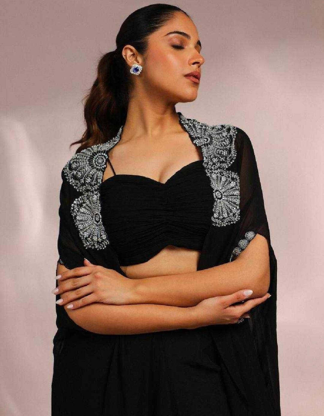 Black pleated top with sharara and cape set