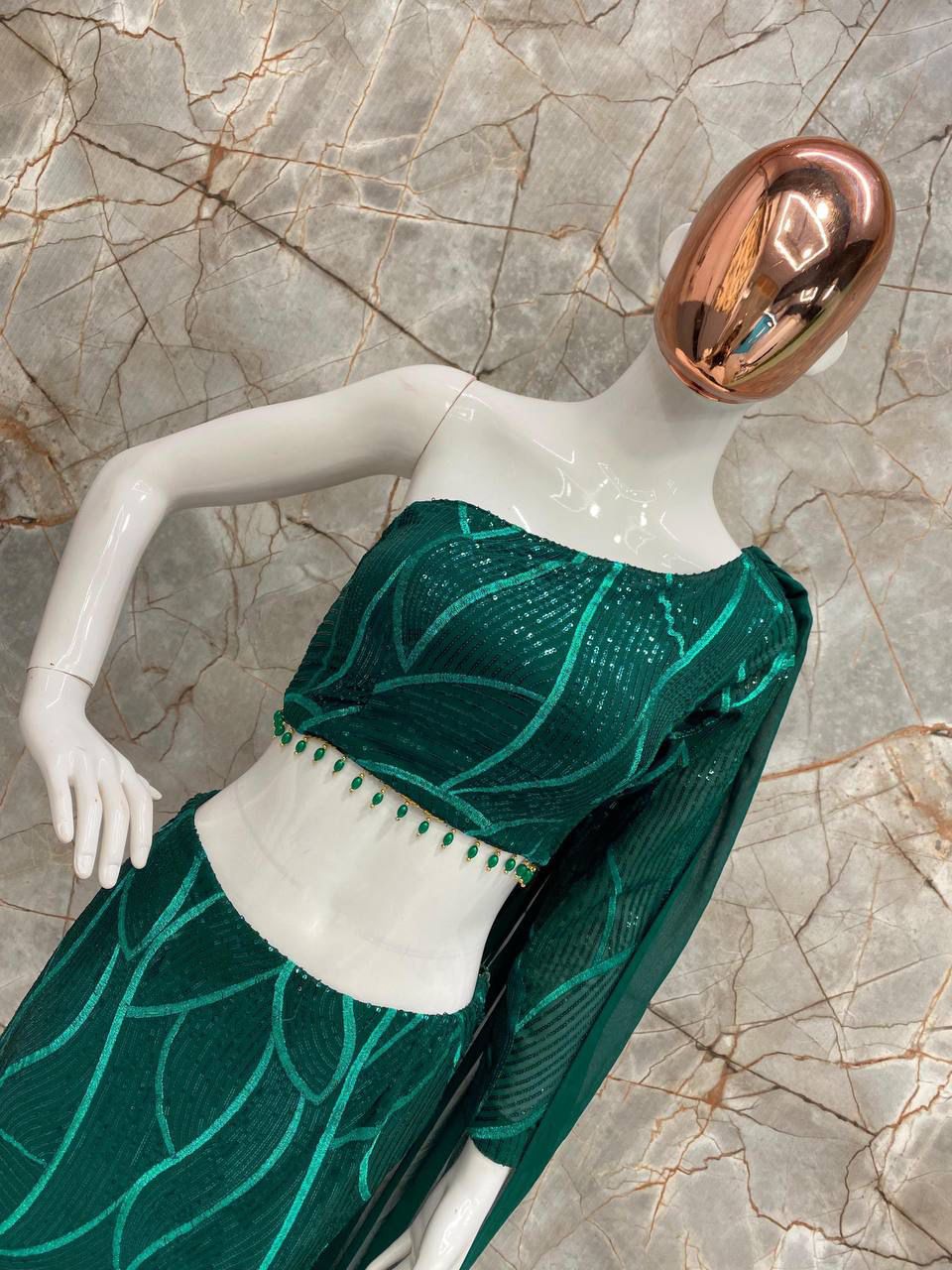 Green indo western fish cut lehenga with top
