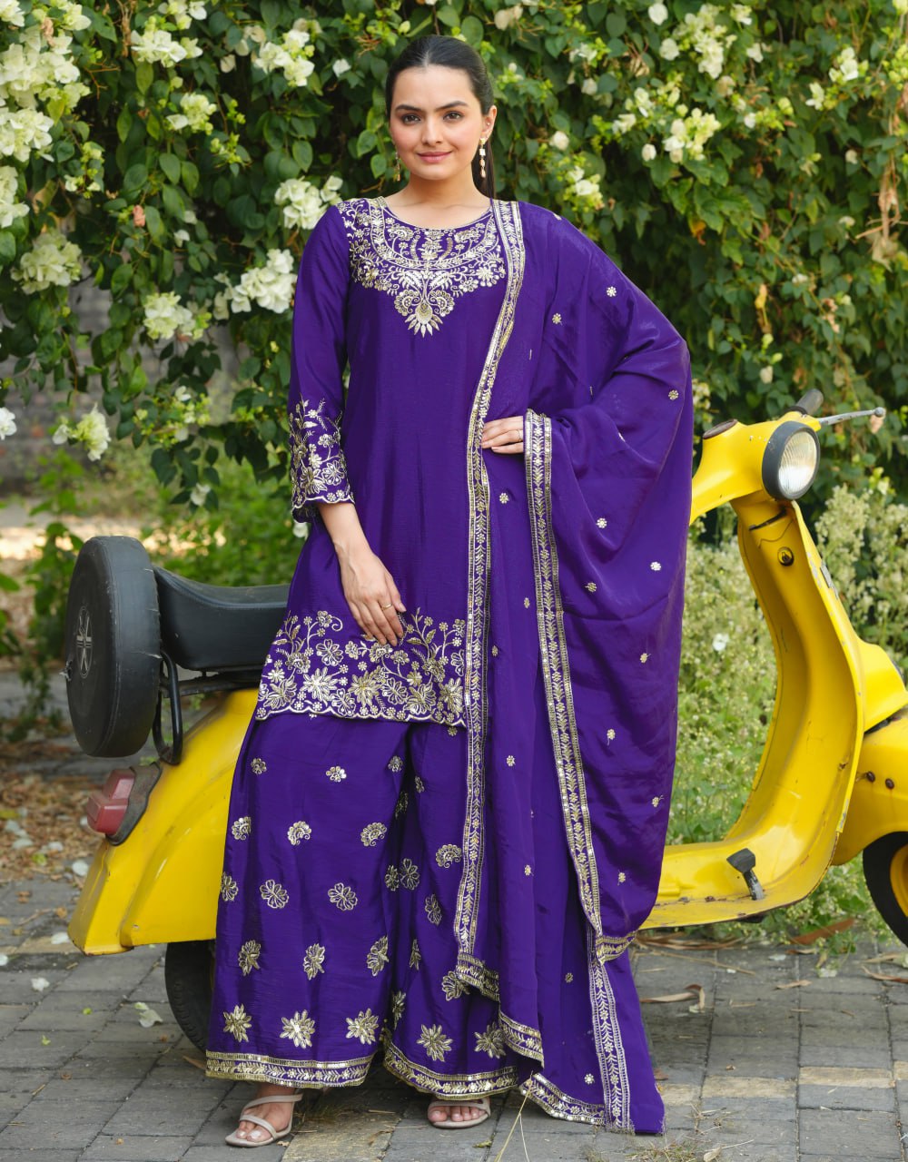 Purple kurti with flaired palazzo and dupatta set