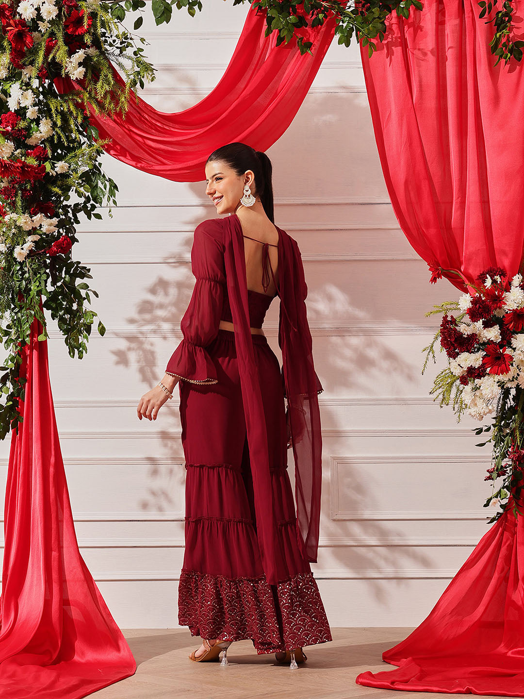Maroon crop top with sharara and dupatta set