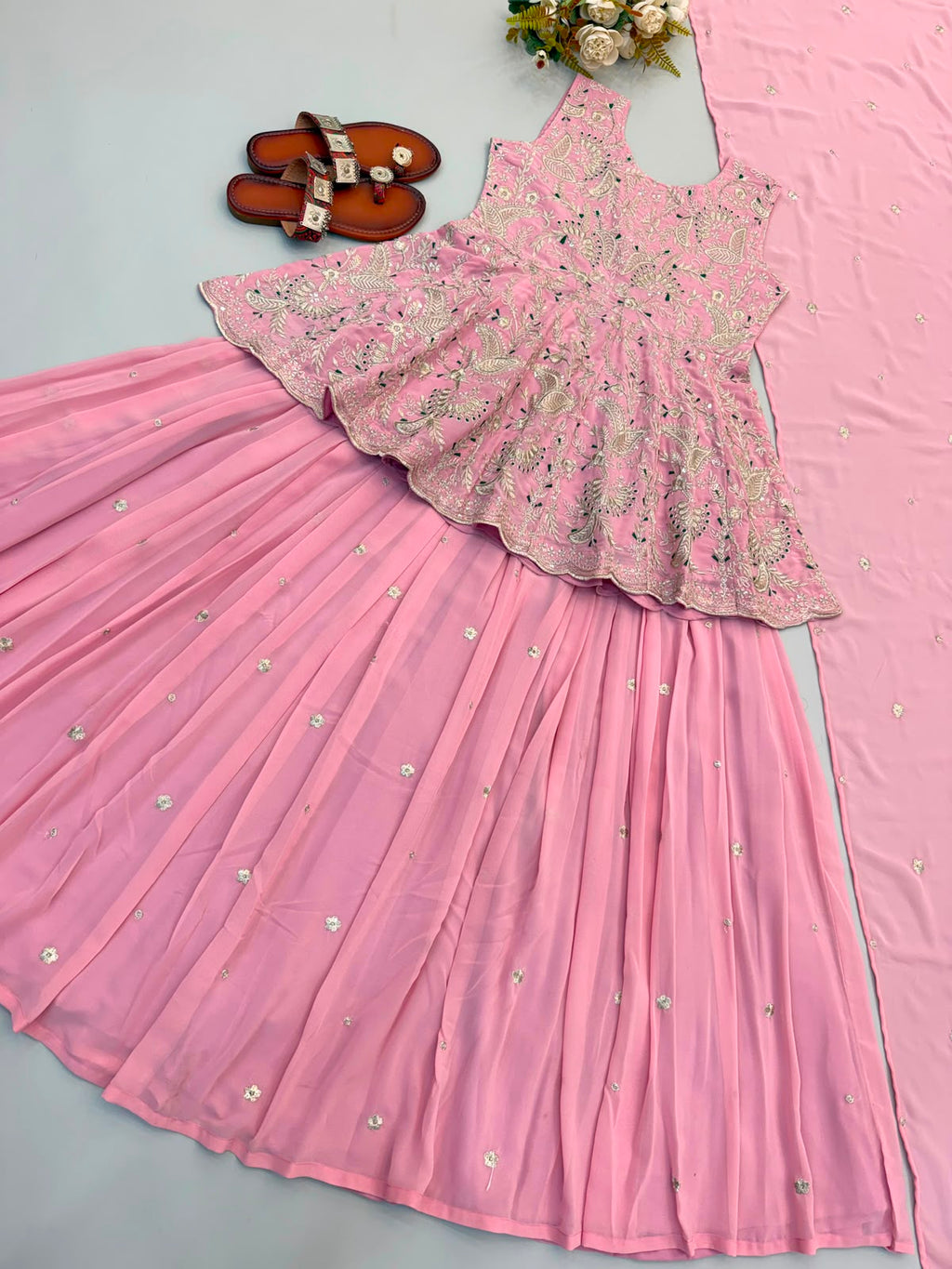 Pink indo western crop top with skirt and dupatta 3pc set