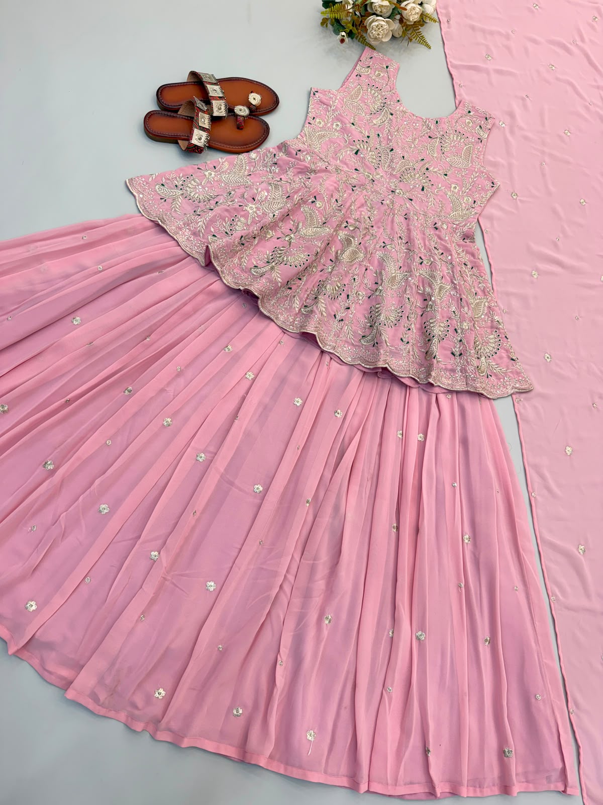 Pink indo western crop top with skirt and dupatta 3pc set