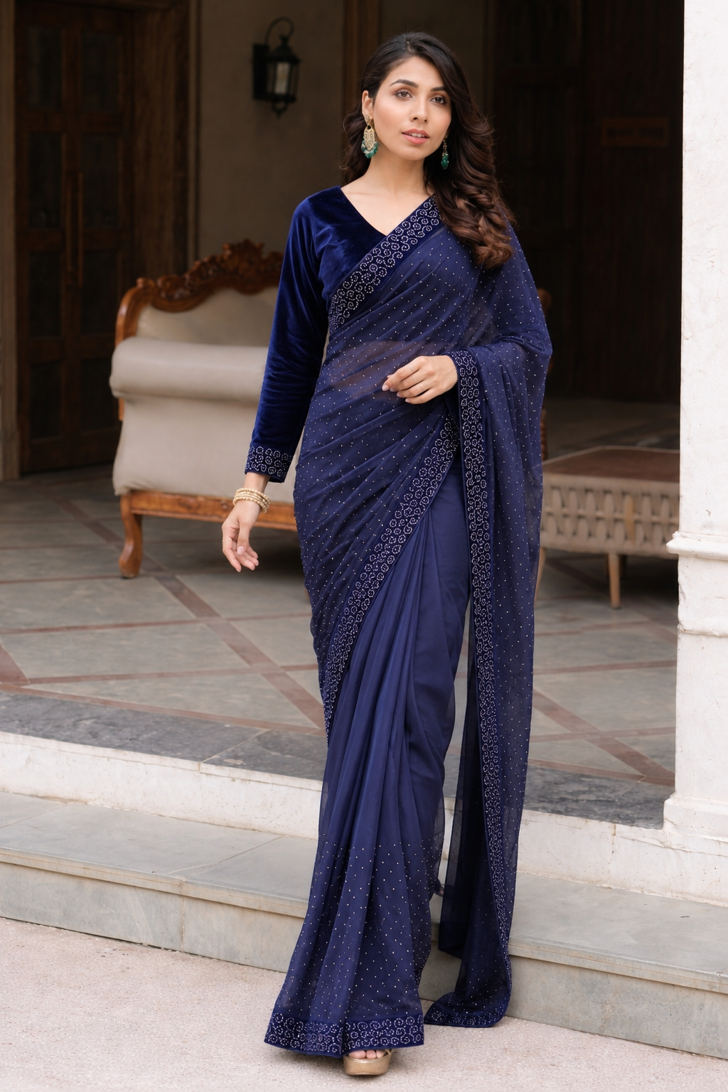 Blue velvet rhinestone saree with blouse
