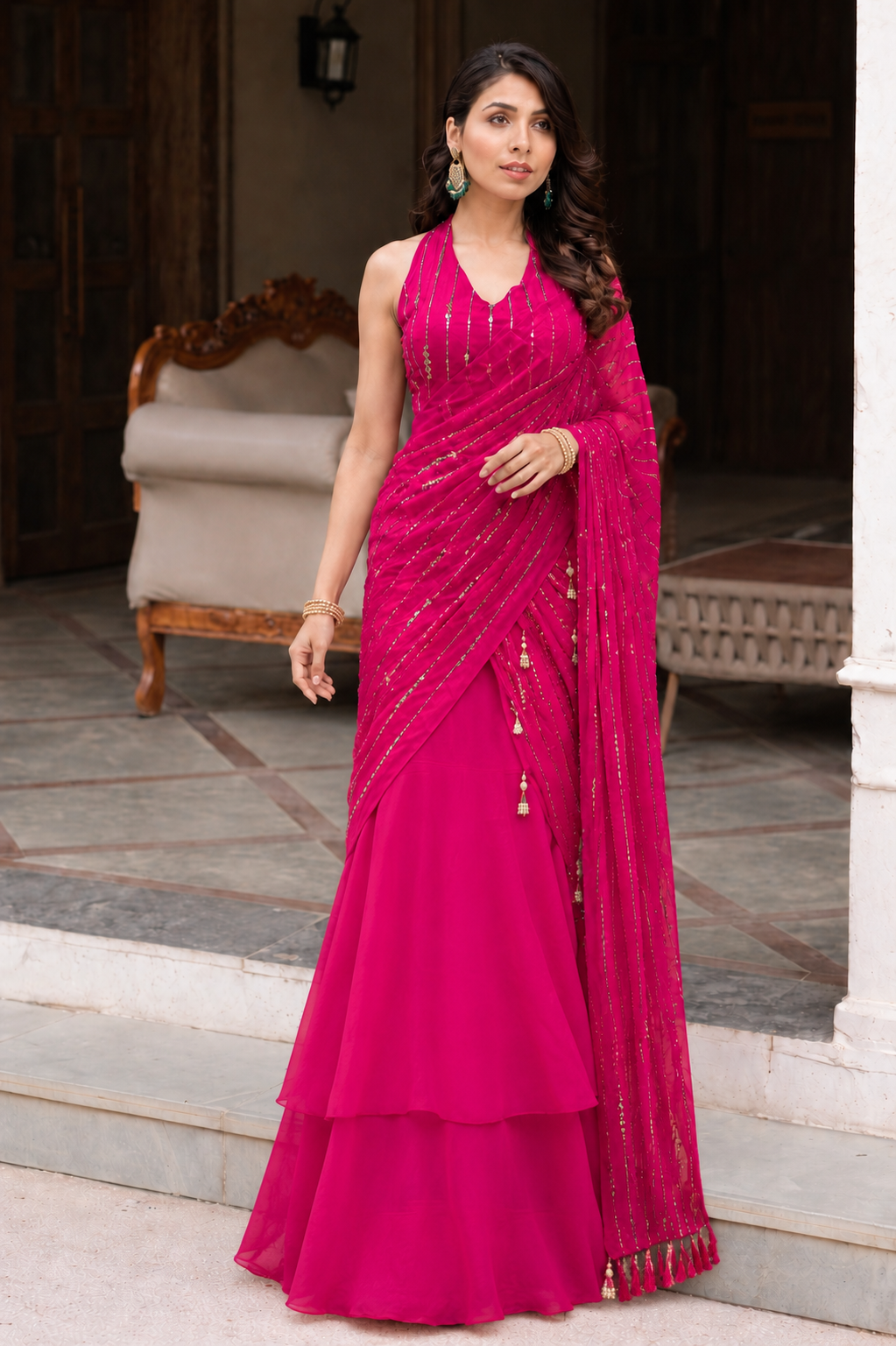 Pink fish cut lehenga saree with blouse set