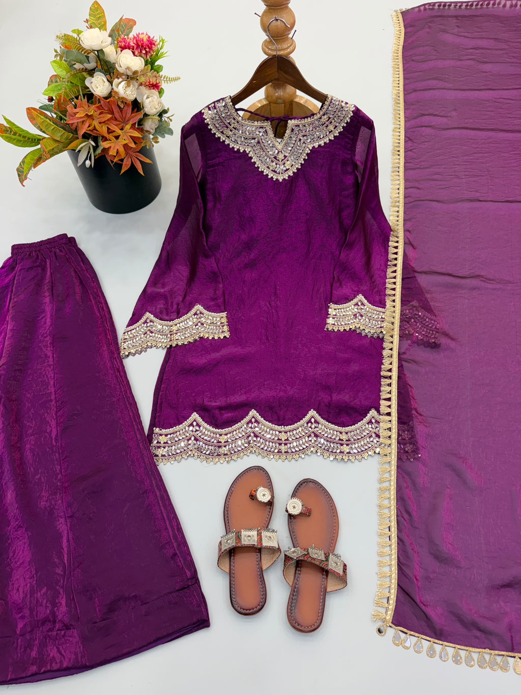 Purple silk palazzo with kurti and dupatta 3pc set