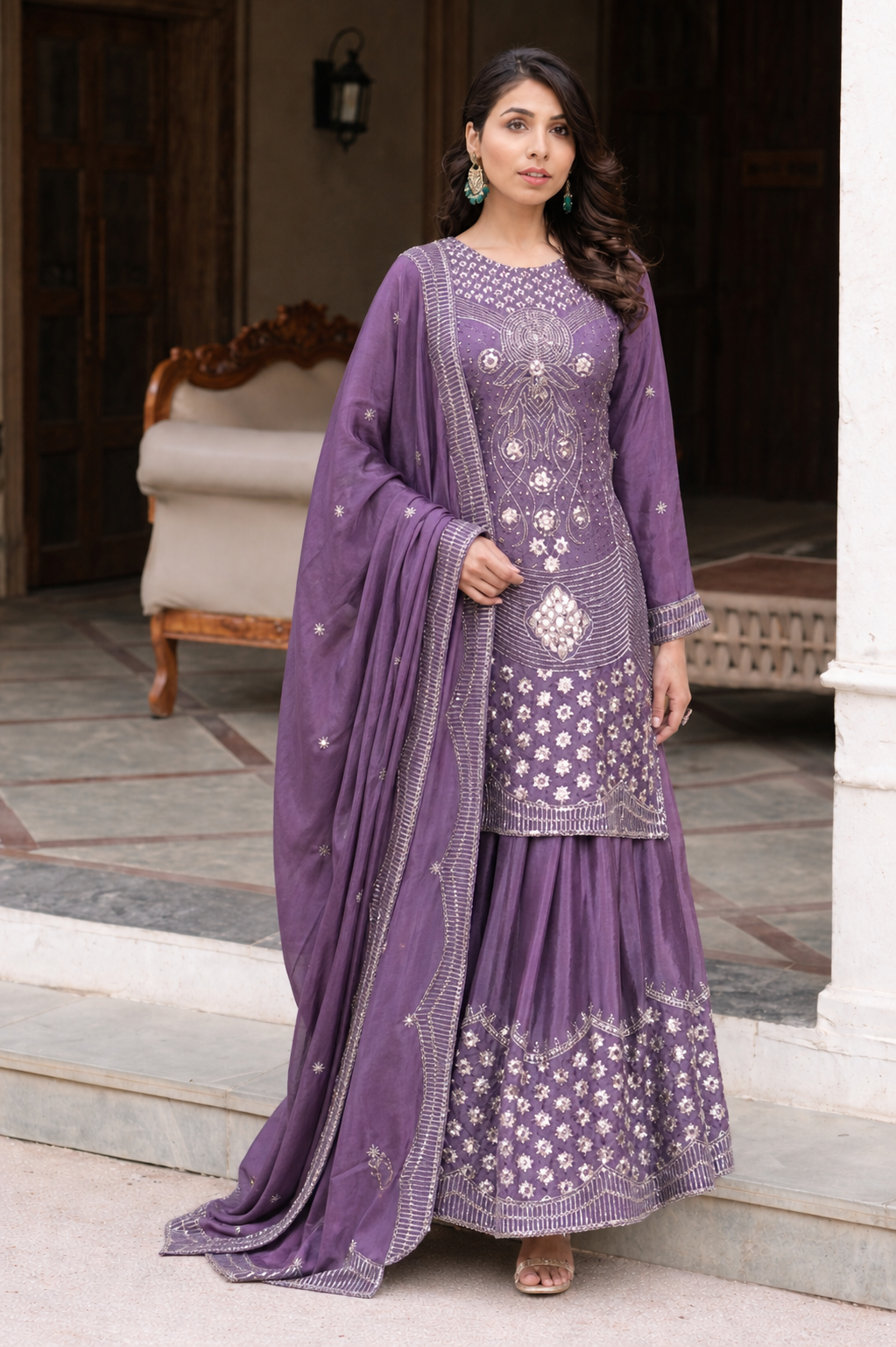 Purple kurti with flaired palazzo and dupatta set