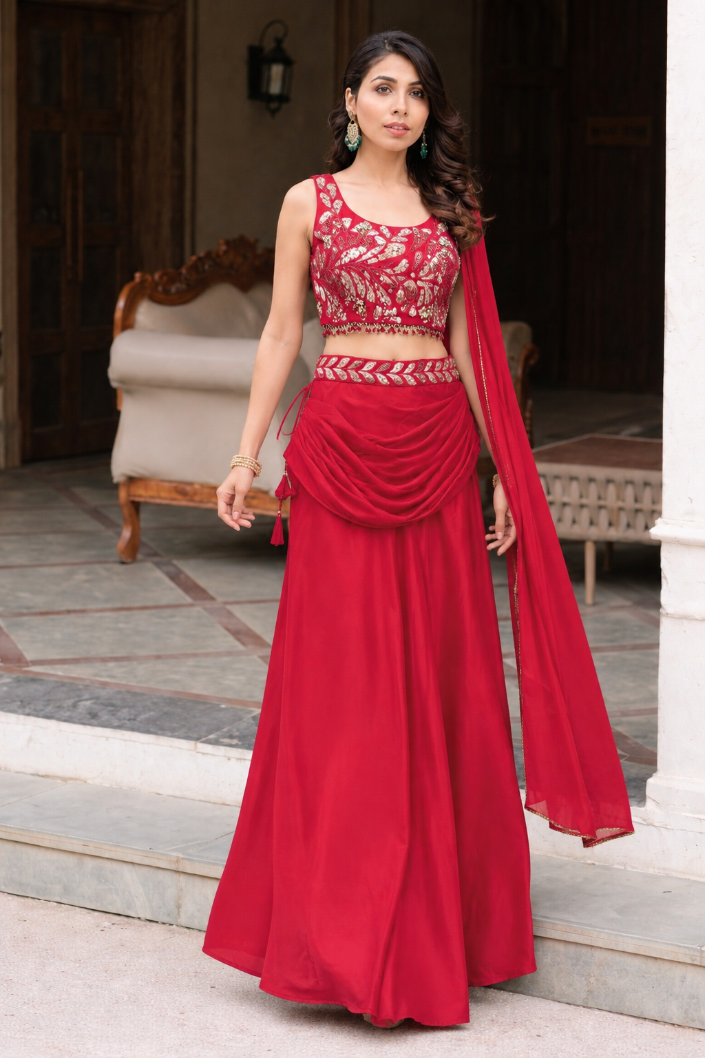 Red indo western top with skirt and attached drape