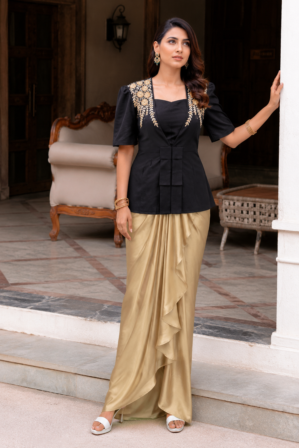 Black jacket with top and dhoti indowestern set