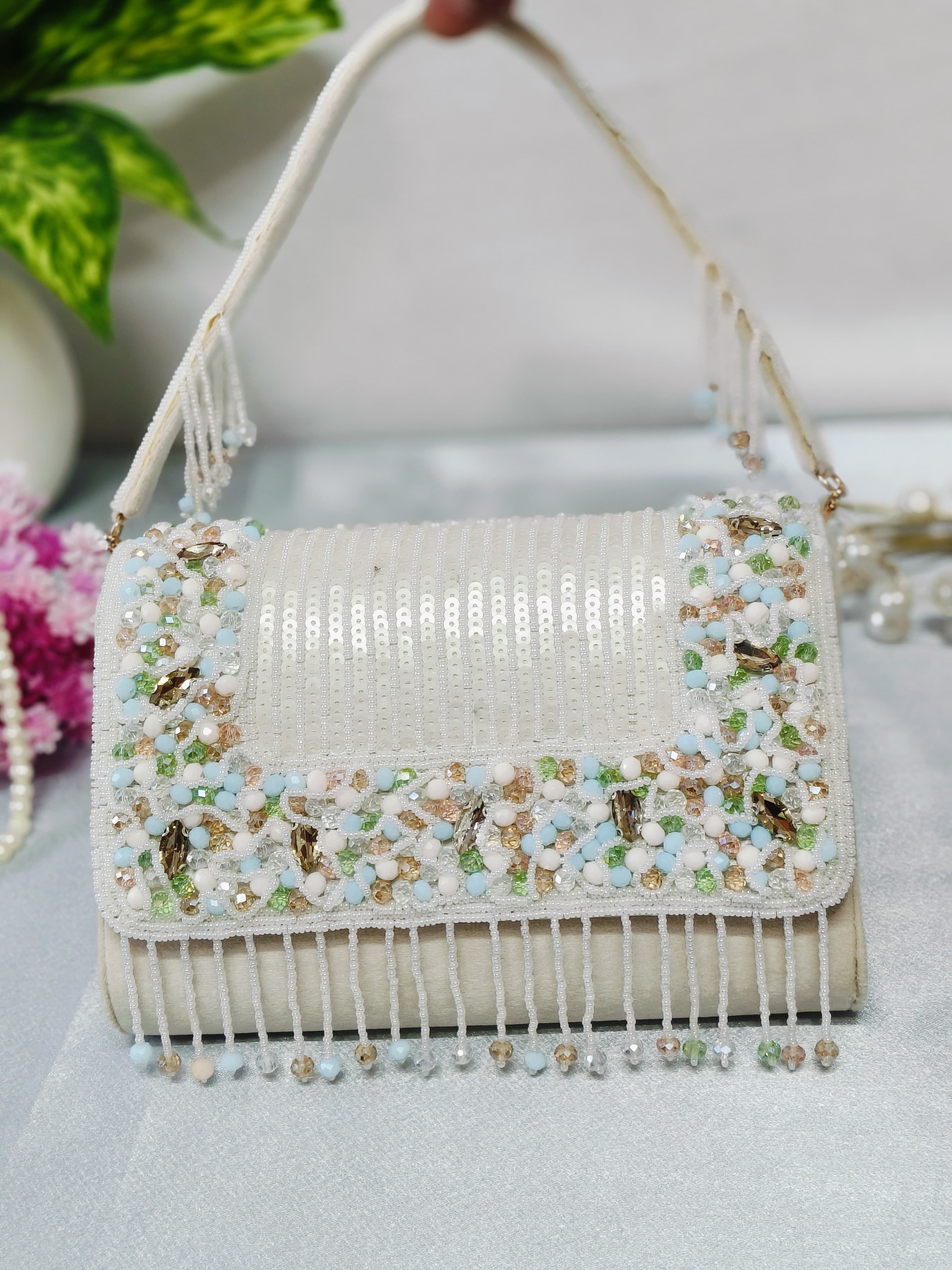 Pink beads stone work handbag