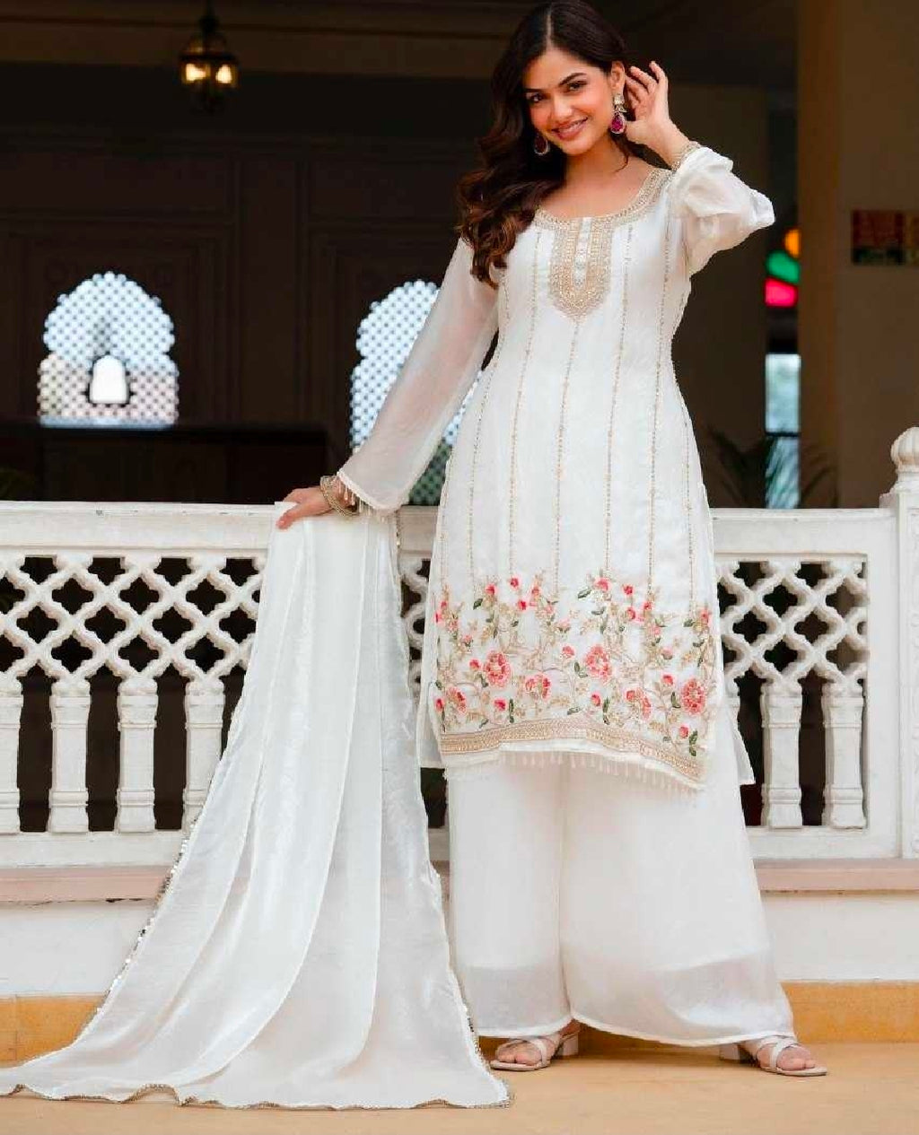 White kurti palazzo and dupatta set
