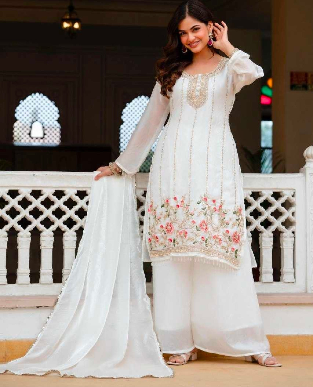 White kurti palazzo and dupatta set