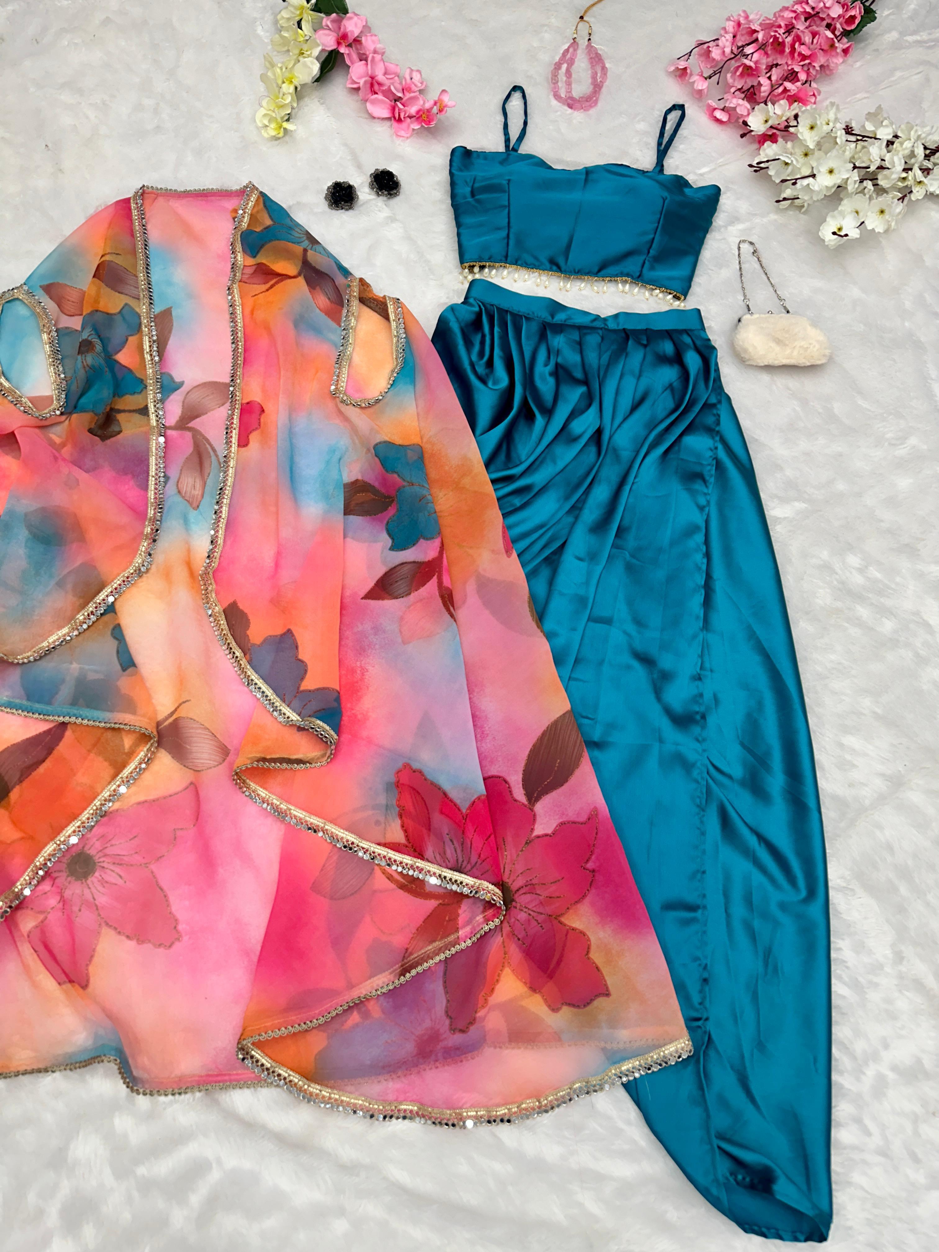 Blue shrug jacket with dhoti skirt and top set