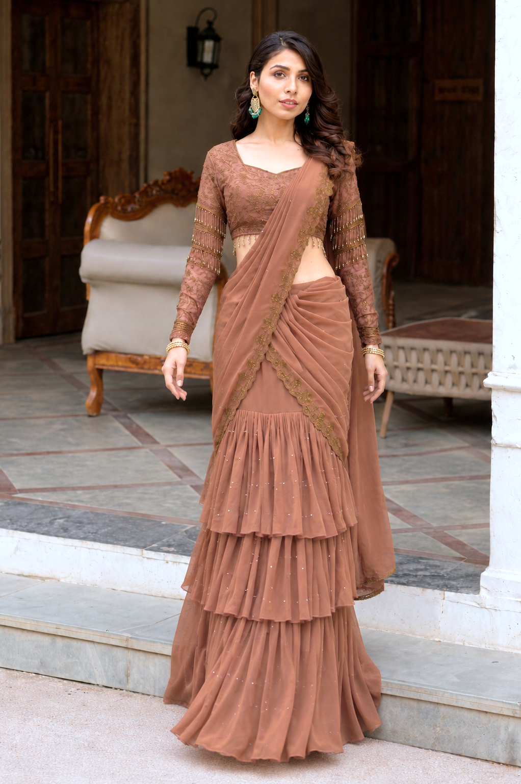 Brown lehenga saree with blouse