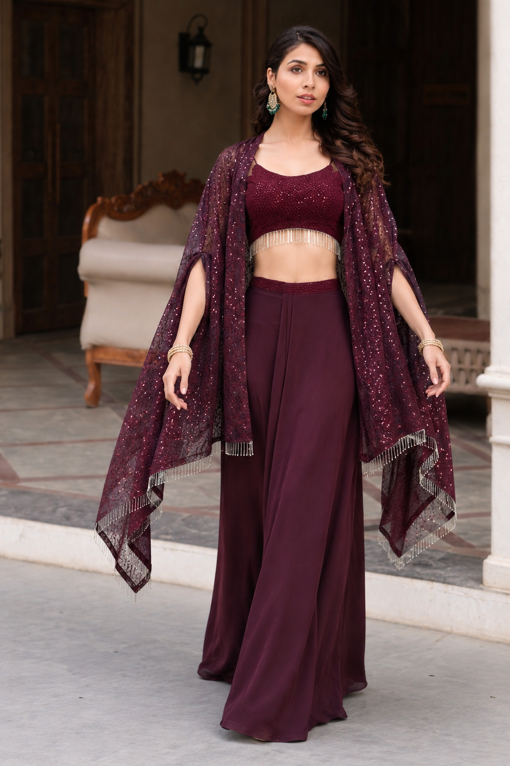 Purple pleated dhoti with top and cape jacket set