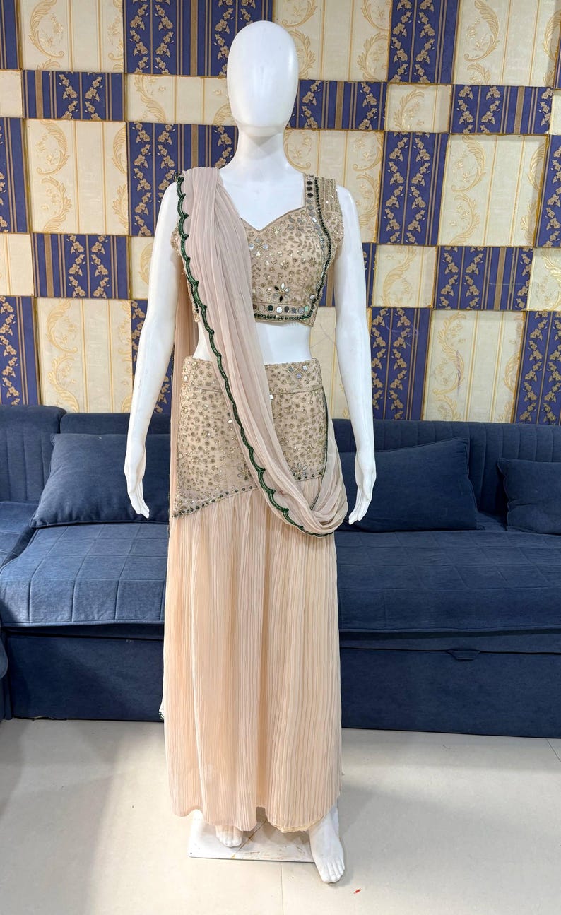 Cream beige fish cut saree with blouse