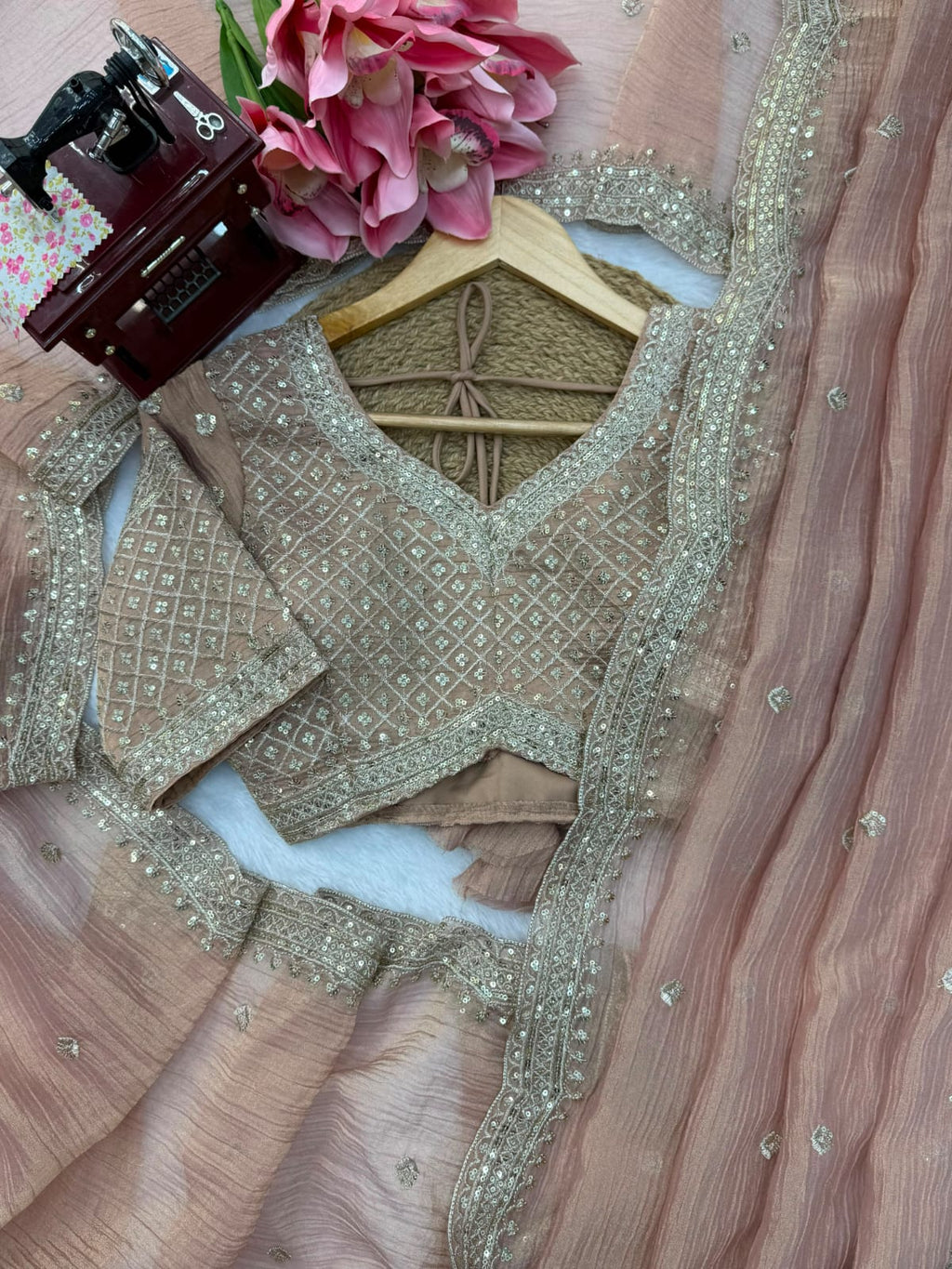 Peachy pink stylish handwork saree with blouse