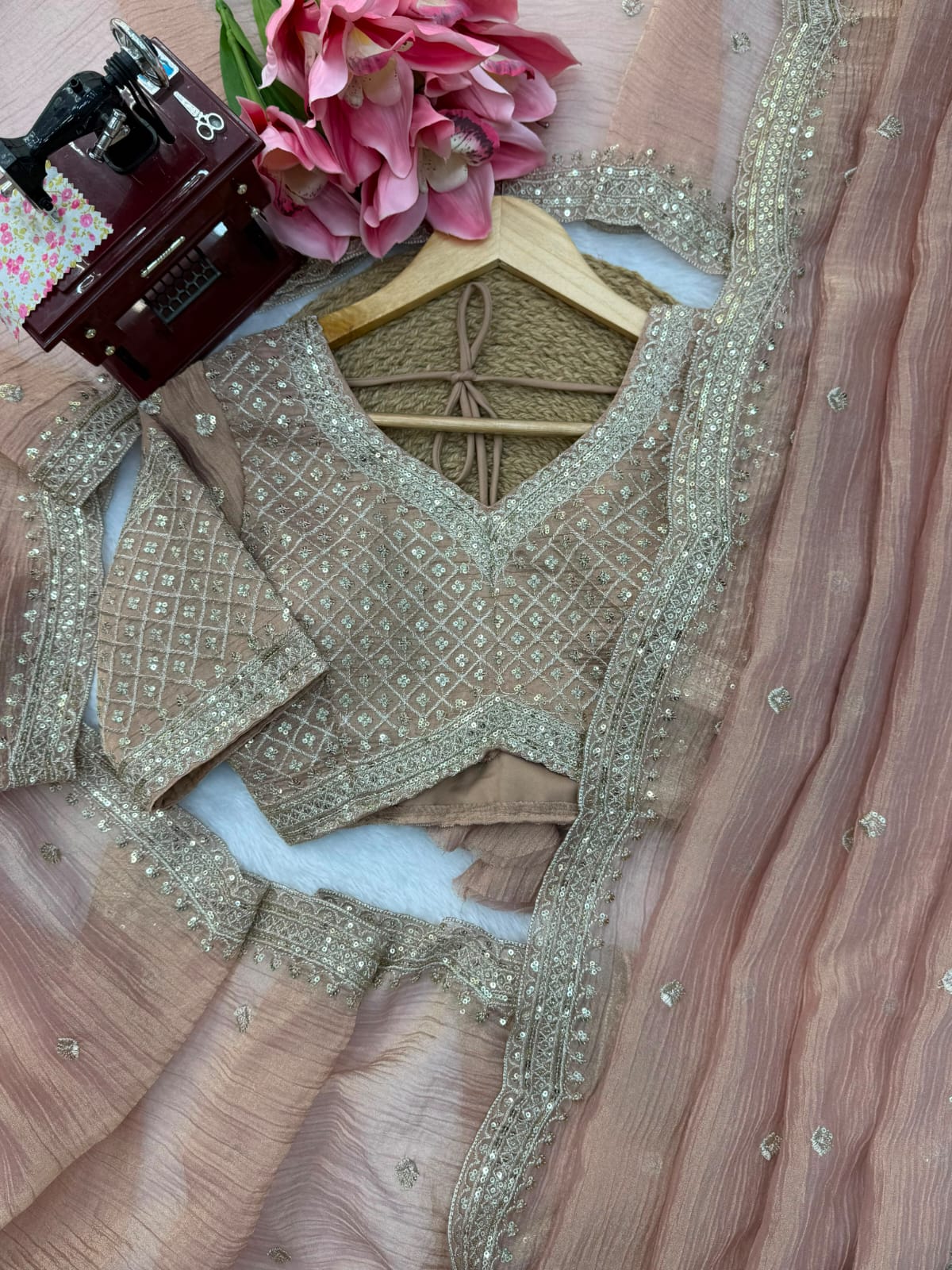 Peachy pink stylish handwork saree with blouse
