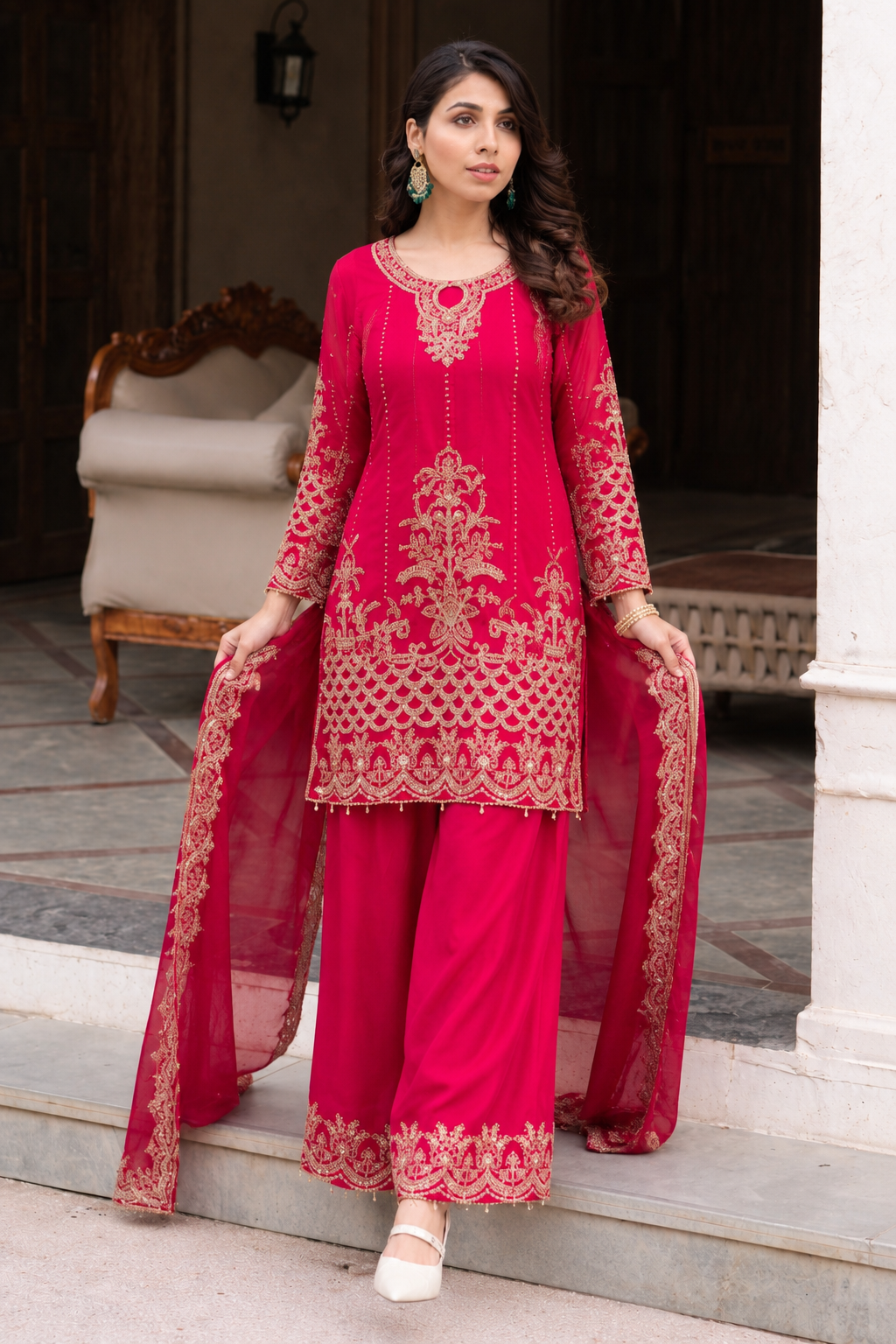 Pink kurti with palazzo and dupatta set