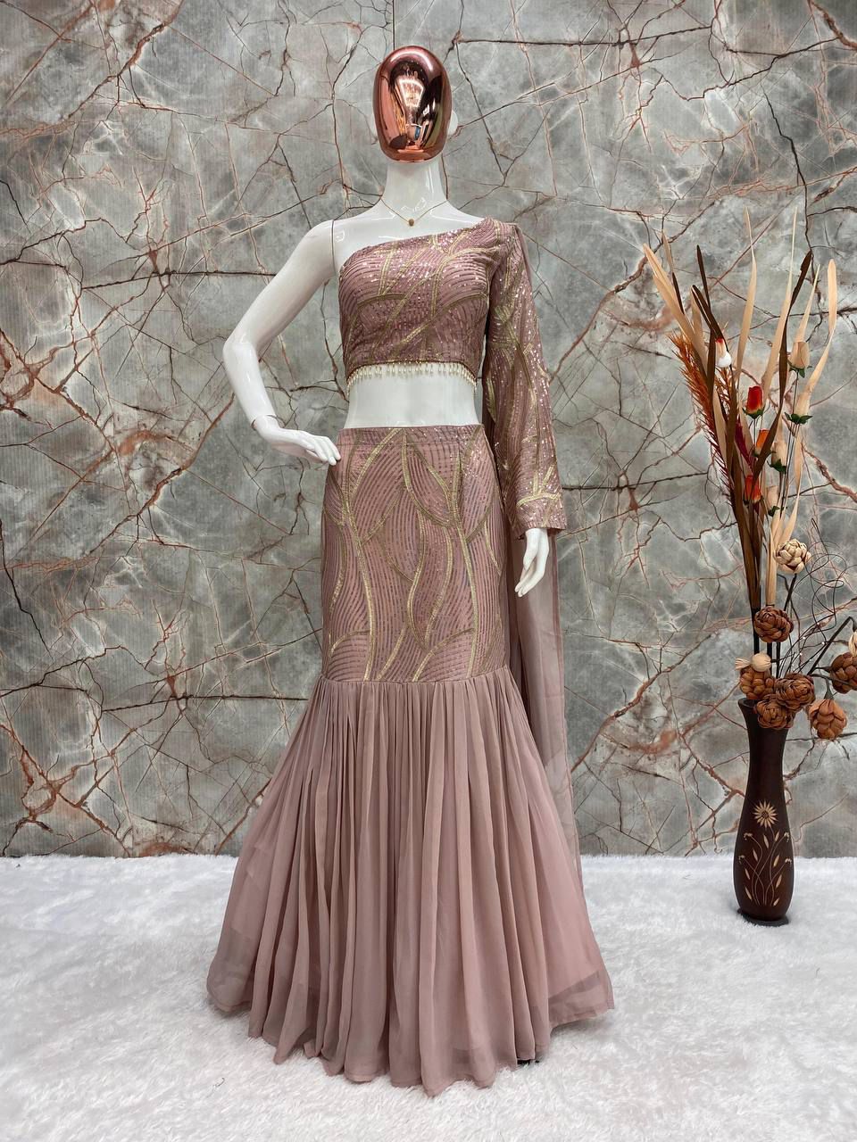 Green indo western fish cut lehenga with top