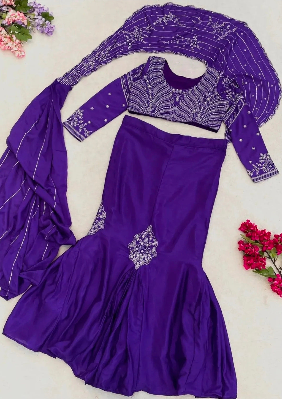 Purple fish cut lehenga saree with blouse