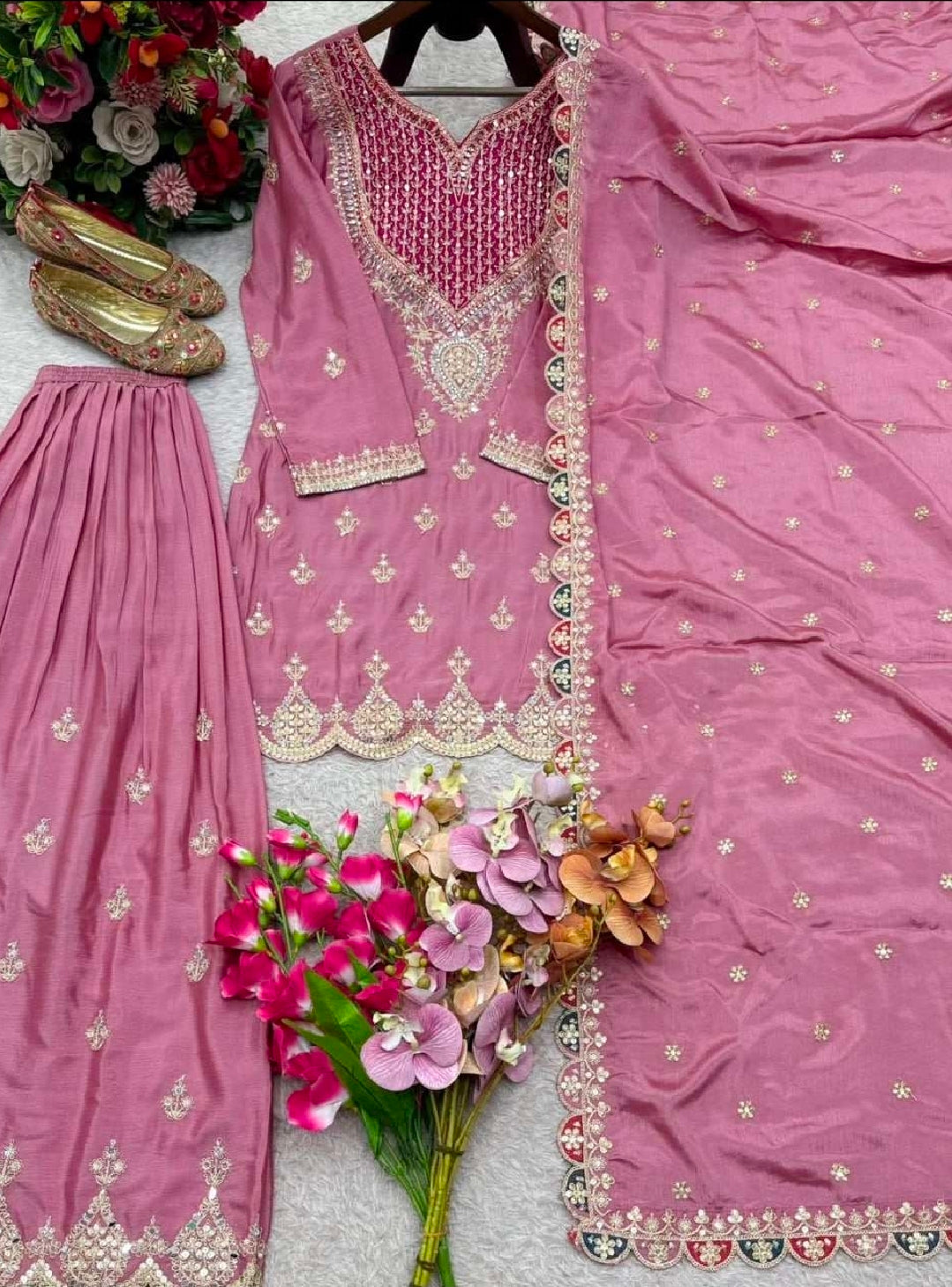 White golden kurti with palazzo and dupatta set