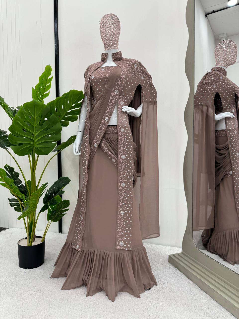 Brown ready to wear skirt saree blouse with cape jacket