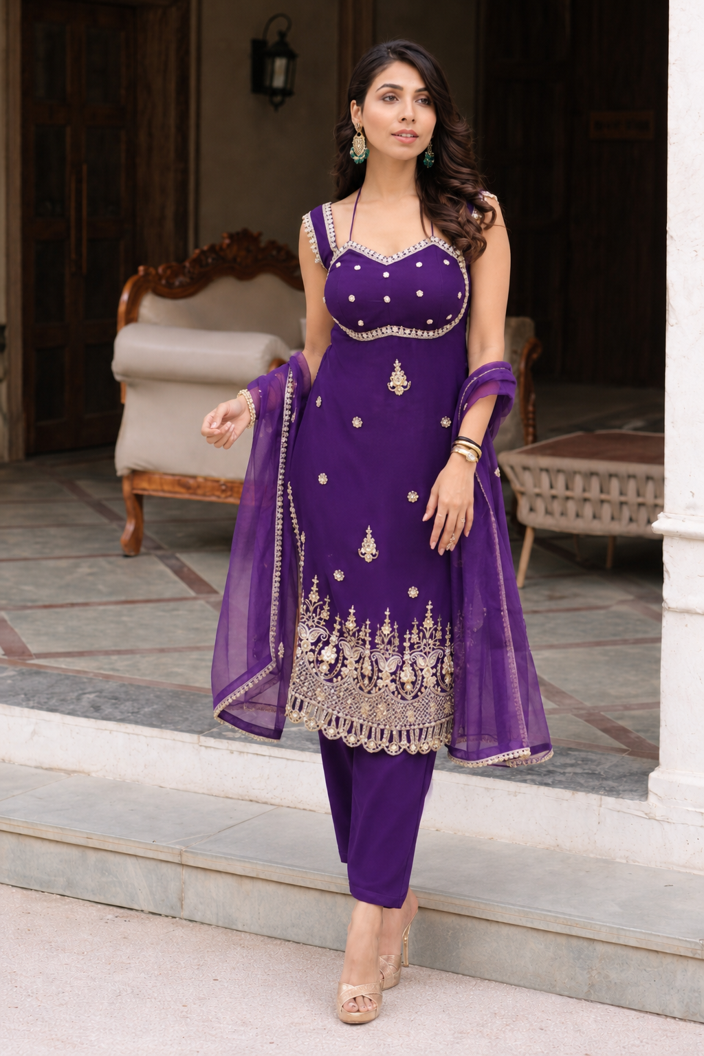 Purple sleeveless suit with pent and dupatta