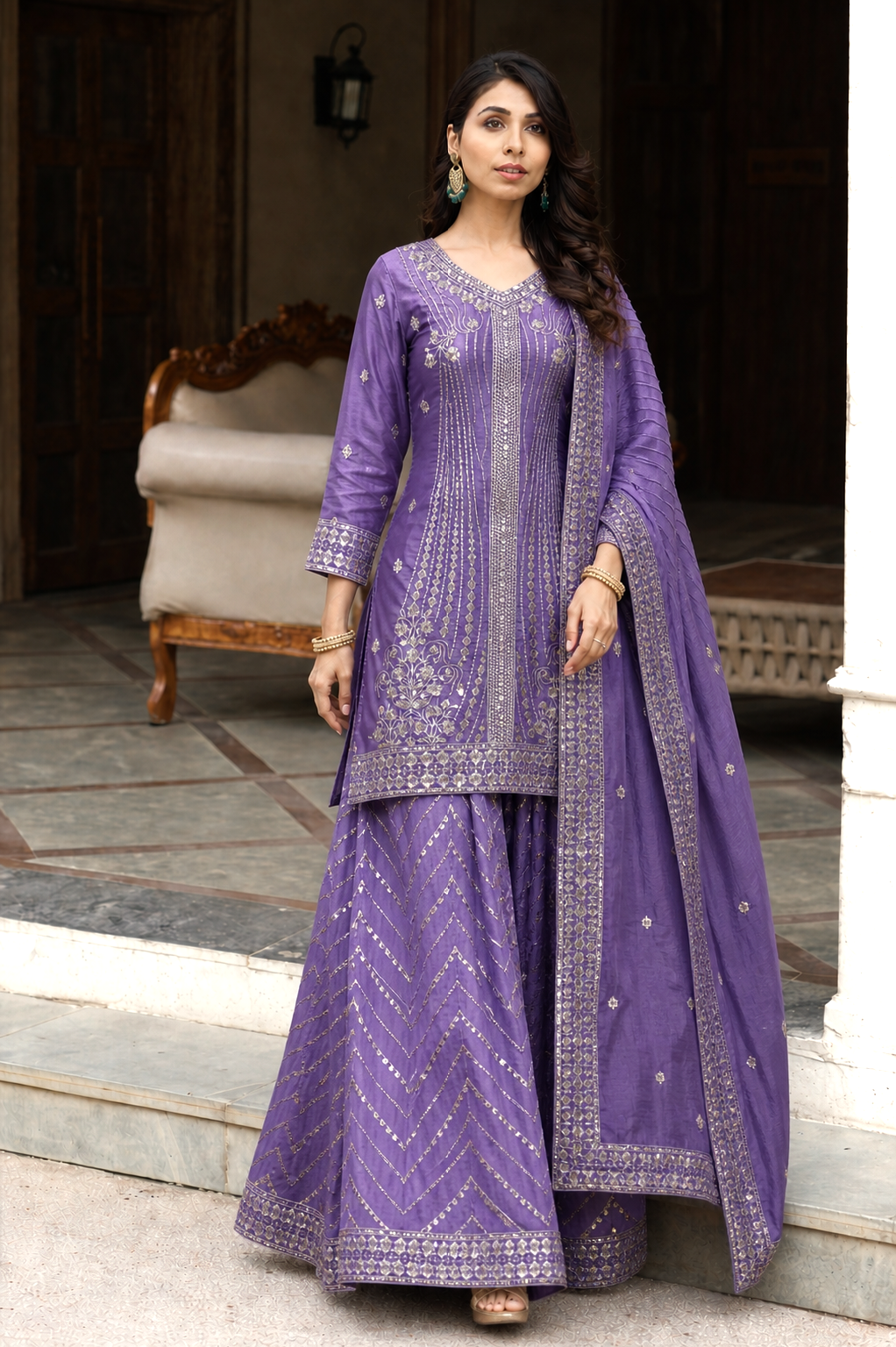 Purple kurti with flaired palazzo and dupatta set