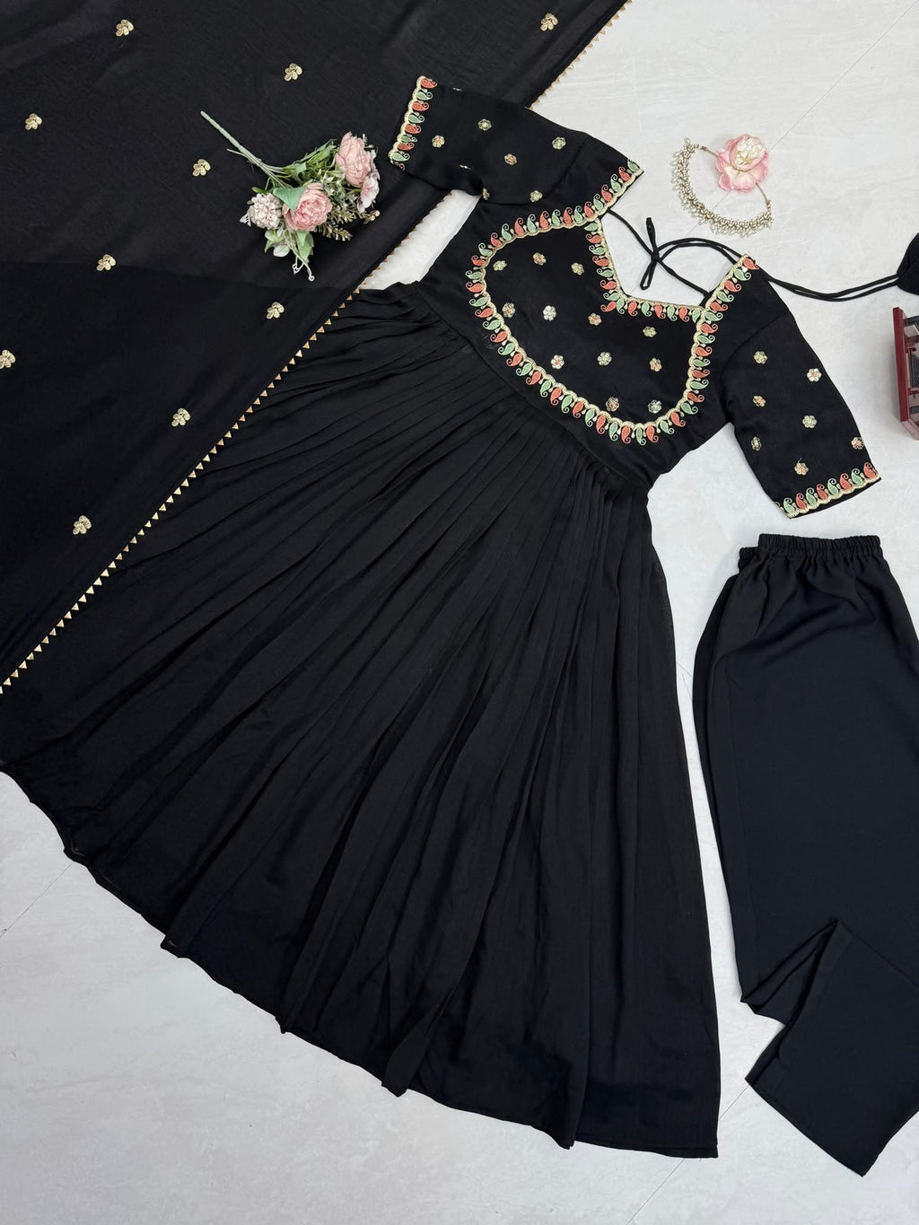 Black anarkali suit with pent and dupatta set