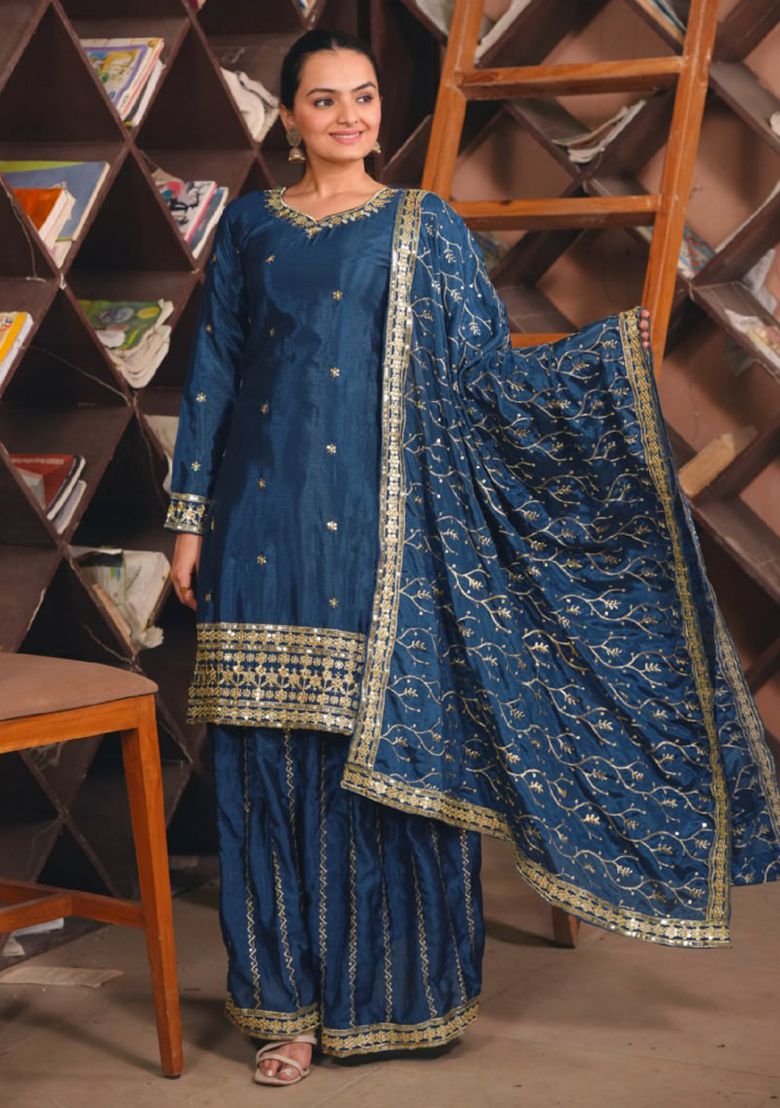 Blue kurti and sharara with dupatta