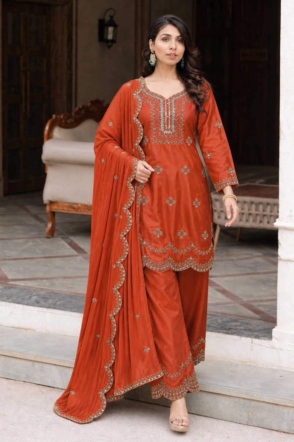 Orange kurti and bottom with dupatta set