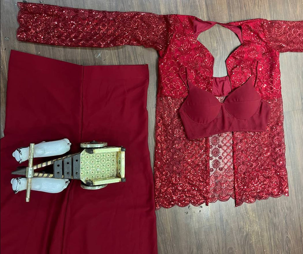 Red cape with blouse and palazzo set